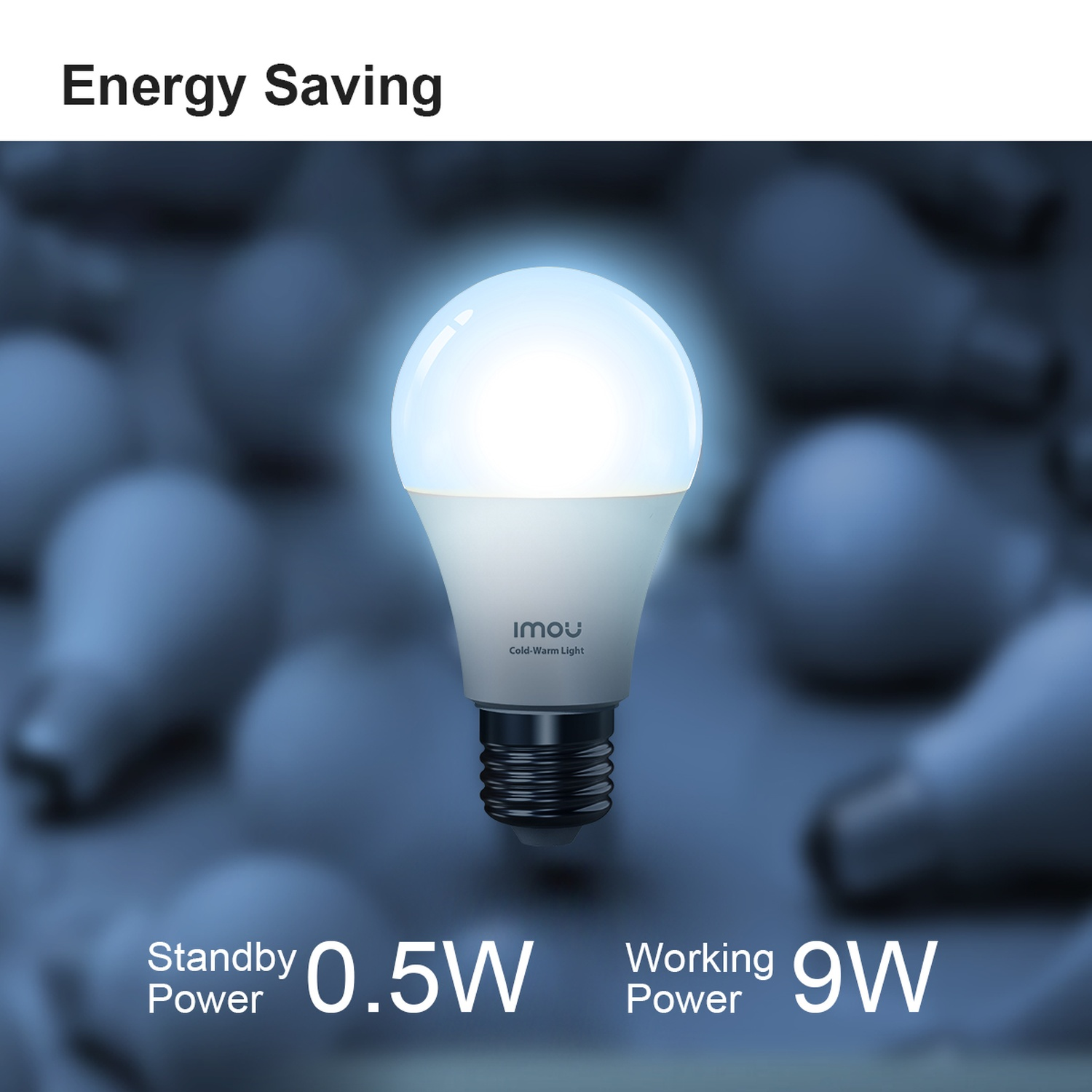Een brandende LED-lamp is gecentreerd. Energiebesparing is het thema. Standby-vermogen is 0,5 W, werkvermogen is 9 W. Andere lampen zijn wazig.