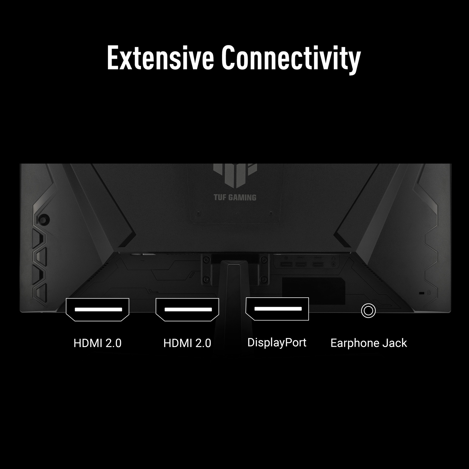Achterkant van een zwarte monitor met connectiviteitsopties: 2 HDMI 2.0-poorten, DisplayPort en een koptelefoonaansluiting. Tekst: 'Uitgebreide connectiviteit'.