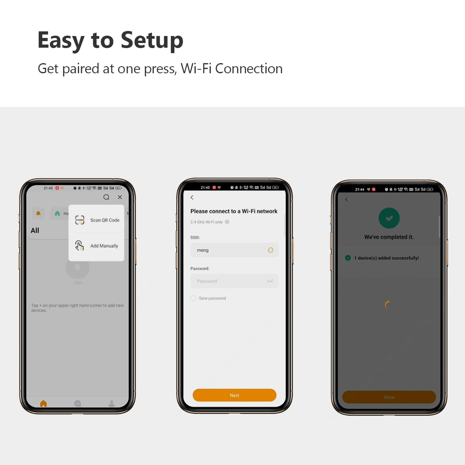 Drie smartphoneschermen tonen installatiestappen. Eerst, een apparaat toevoegen. Ten tweede, wifi-gegevens invoeren. Ten derde, succesvol voltooid.