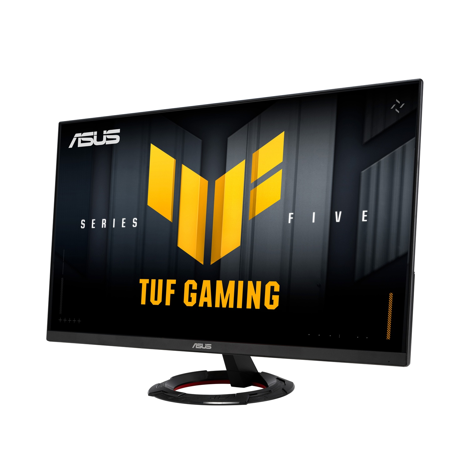Un moniteur ASUS TUF Gaming avec logo jaune sur écran noir. Lunette et pied noirs sur fond blanc.