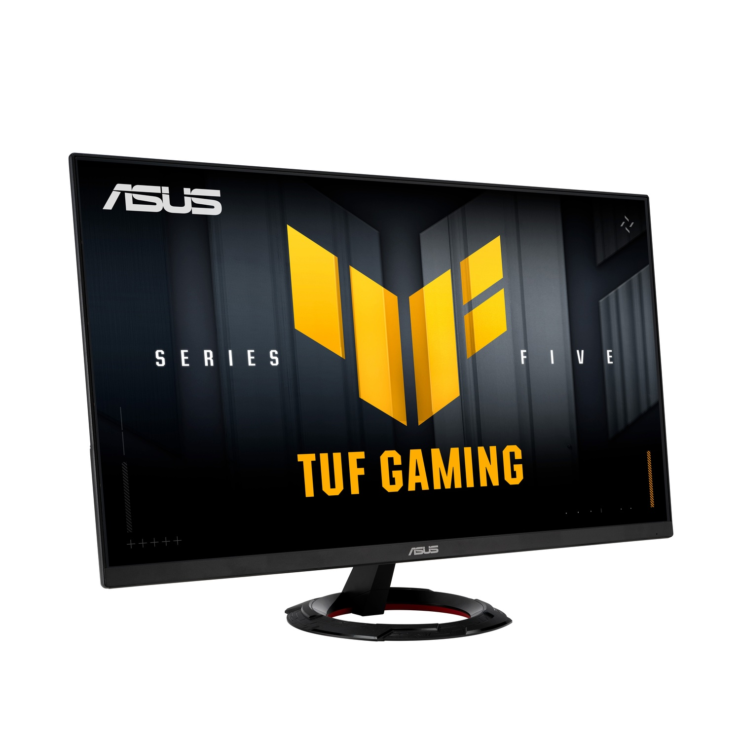 Un moniteur ASUS TUF Gaming. Il a un cadre noir et l'écran affiche le logo TUF Gaming avec des accents jaunes sur fond noir.