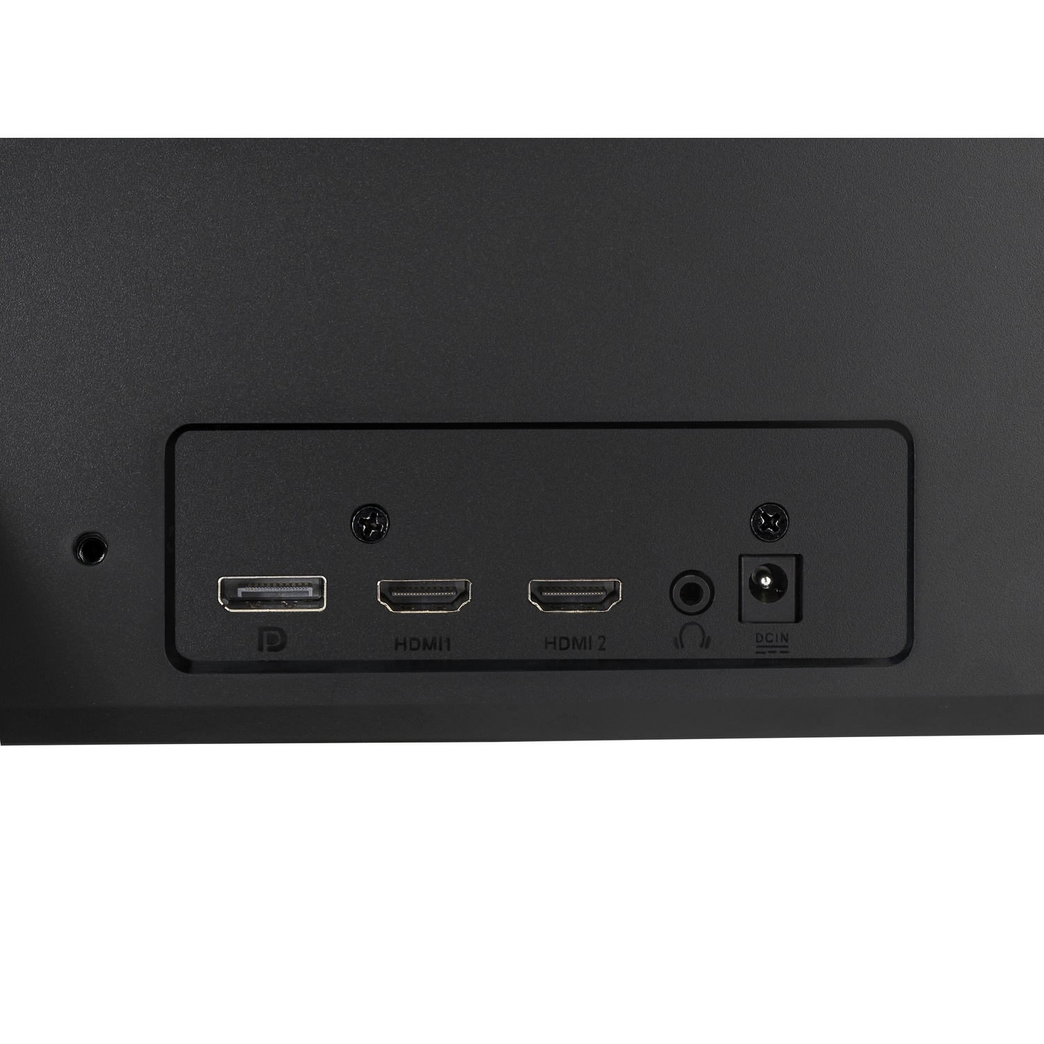 Gros plan de l'arrière d'un moniteur noir avec ports : DisplayPort, HDMI 1, HDMI 2, prise audio et DC IN. Deux vis sont visibles.