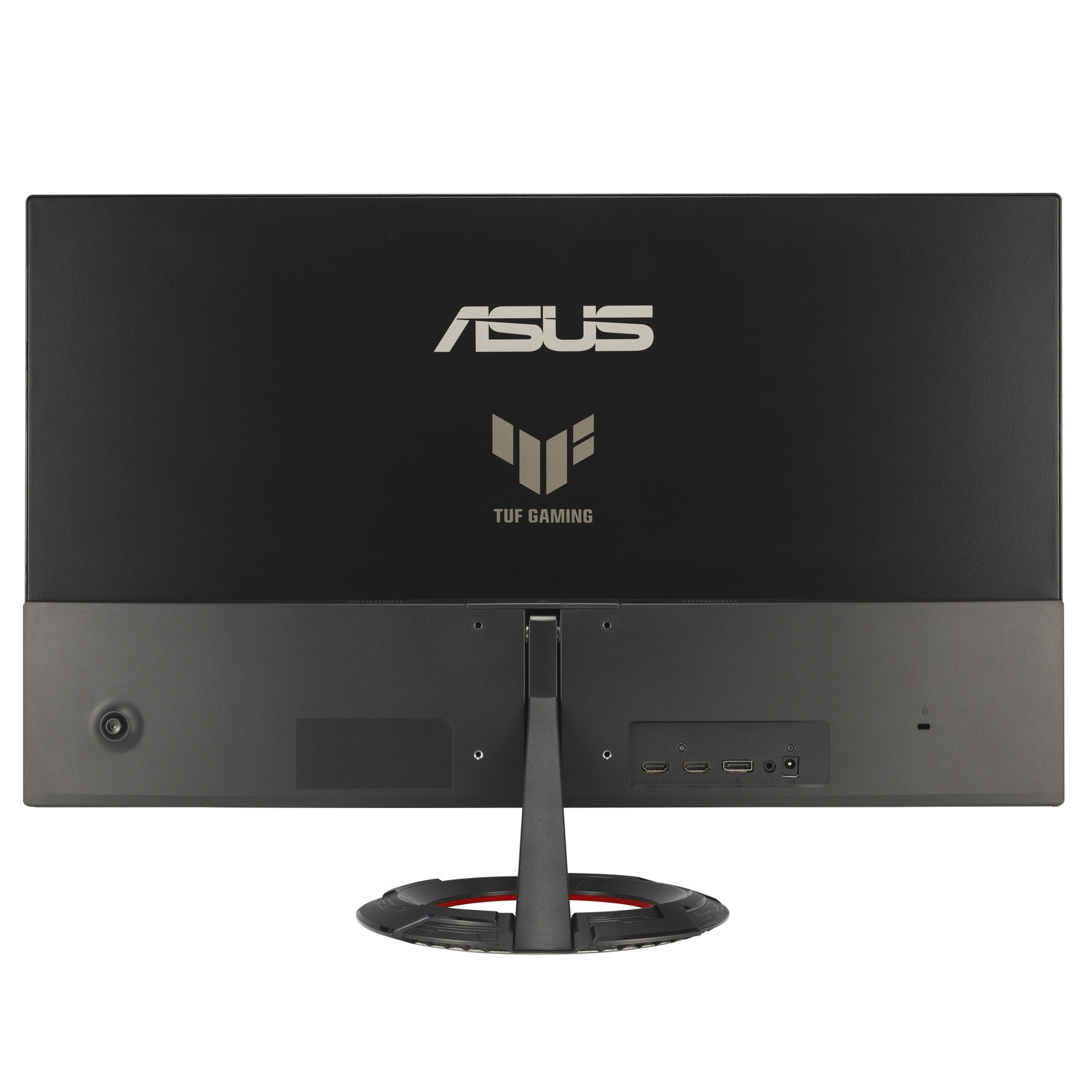 Vue arrière d'un moniteur ASUS TUF Gaming noir. Il porte le logo ASUS et un port en bas. Le pied est noir et rouge.