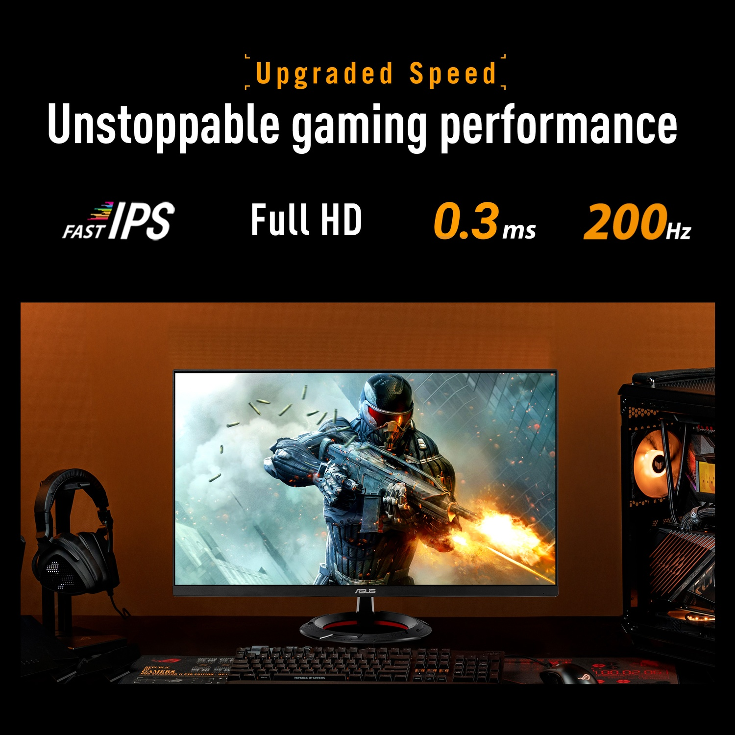 Écran de jeu avec une image de soldat. Caractéristiques : IPS rapide, Full HD, 0,3 ms et 200 Hz. Accessoires : casque, clavier et PC.