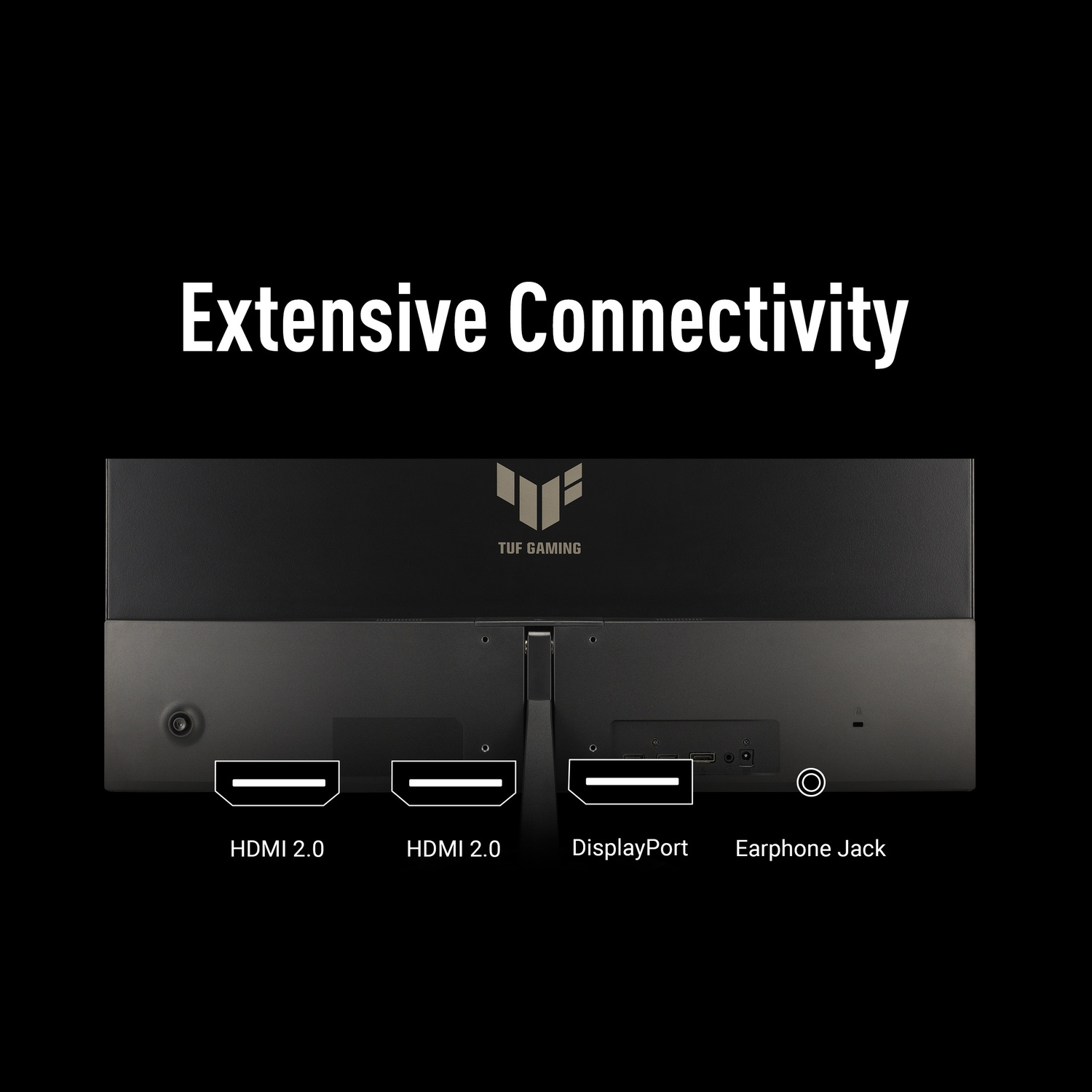 Arrière d'un écran de jeu noir. Les ports incluent HDMI 2.0, DisplayPort et une prise casque. Le texte en haut indique 'Connectivité étendue'.