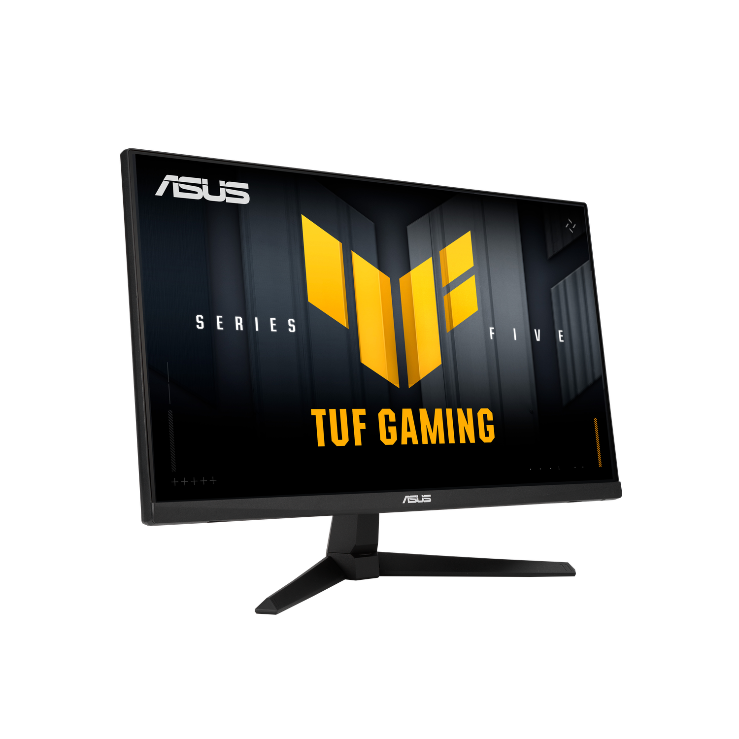 Un moniteur ASUS TUF Gaming sur fond noir. L'écran affiche un logo jaune et noir. Le moniteur a un socle noir.