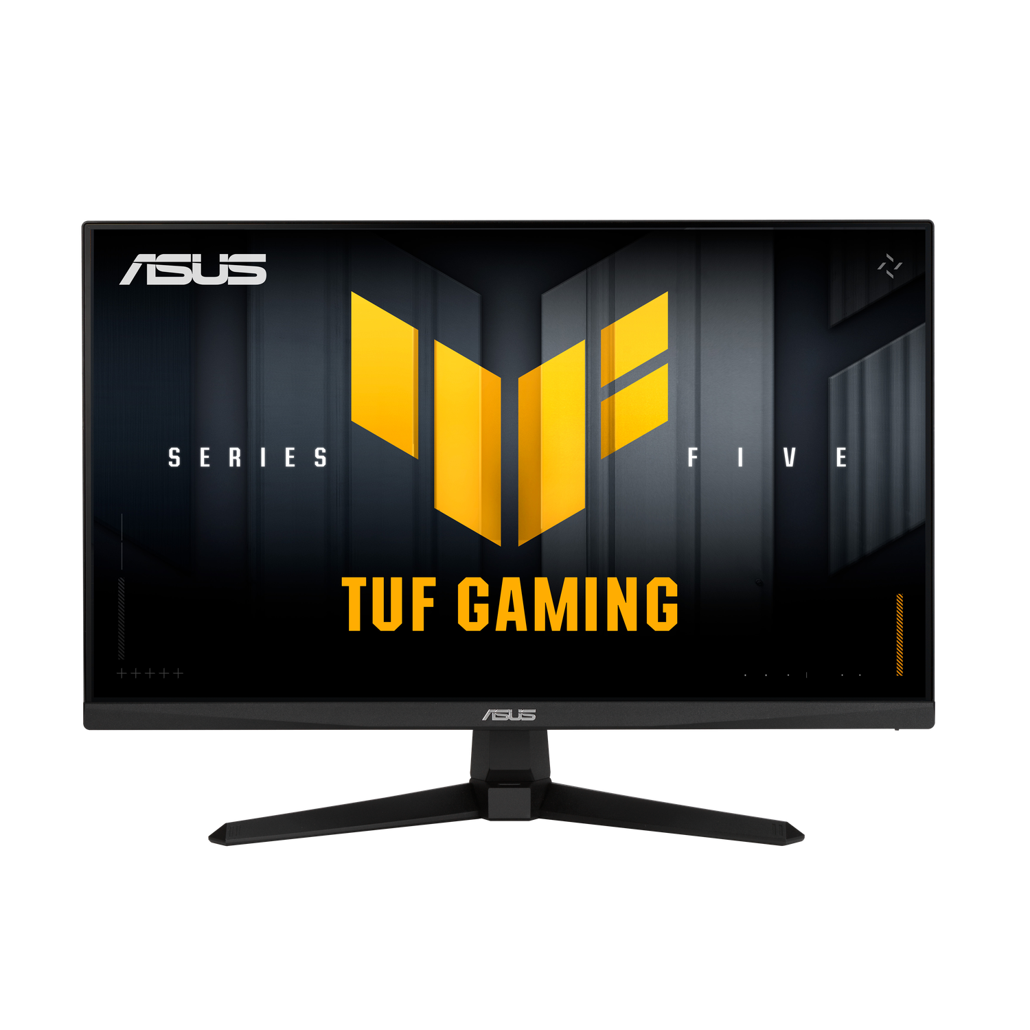 Écran noir ASUS TUF Gaming. Logo jaune sur l'écran avec le texte 'TUF GAMING' et 'SERIES FIVE'. Support noir sur fond noir.