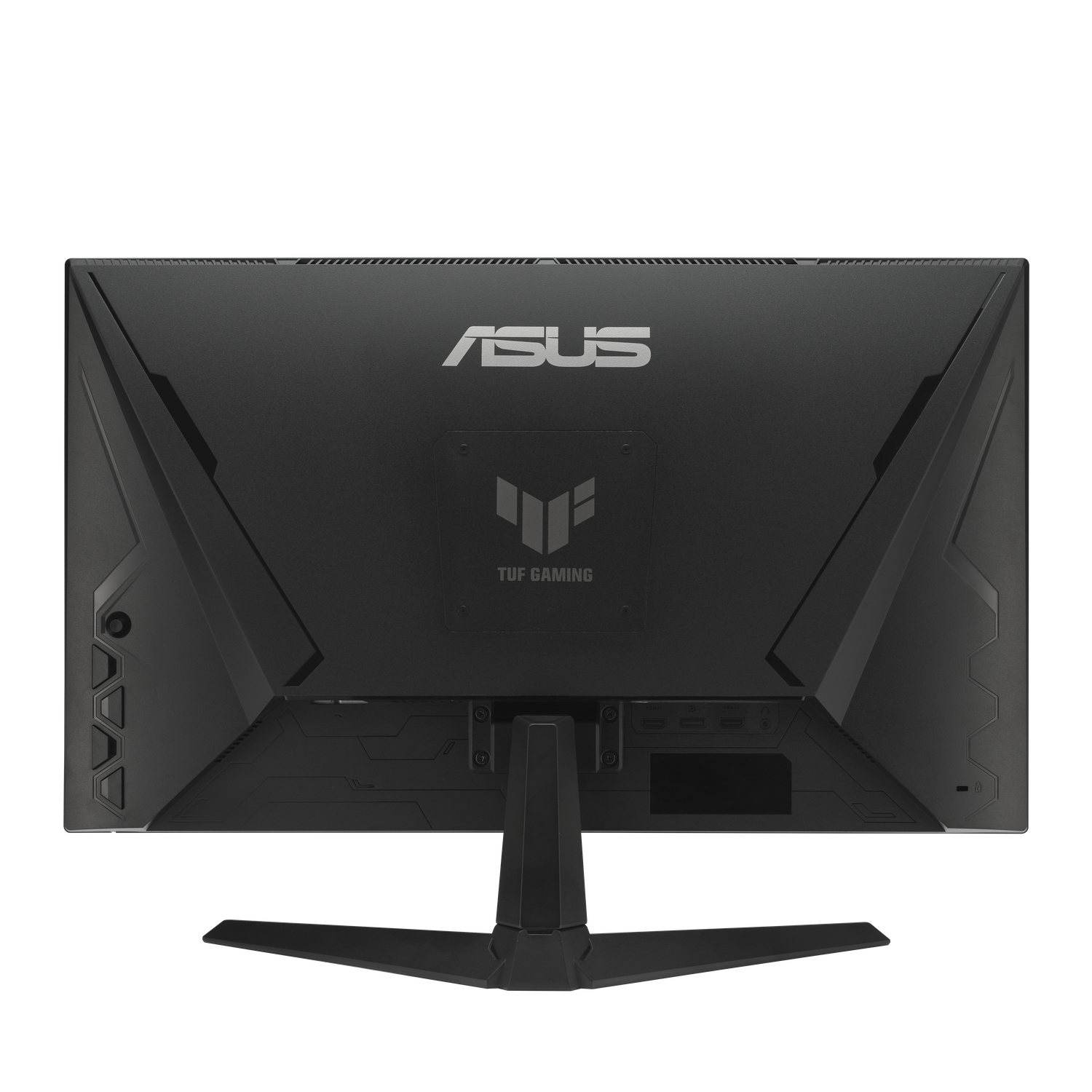Arrière d'un moniteur ASUS TUF Gaming noir. Le logo ASUS est en haut, le logo TUF Gaming au milieu. Le support est noir.