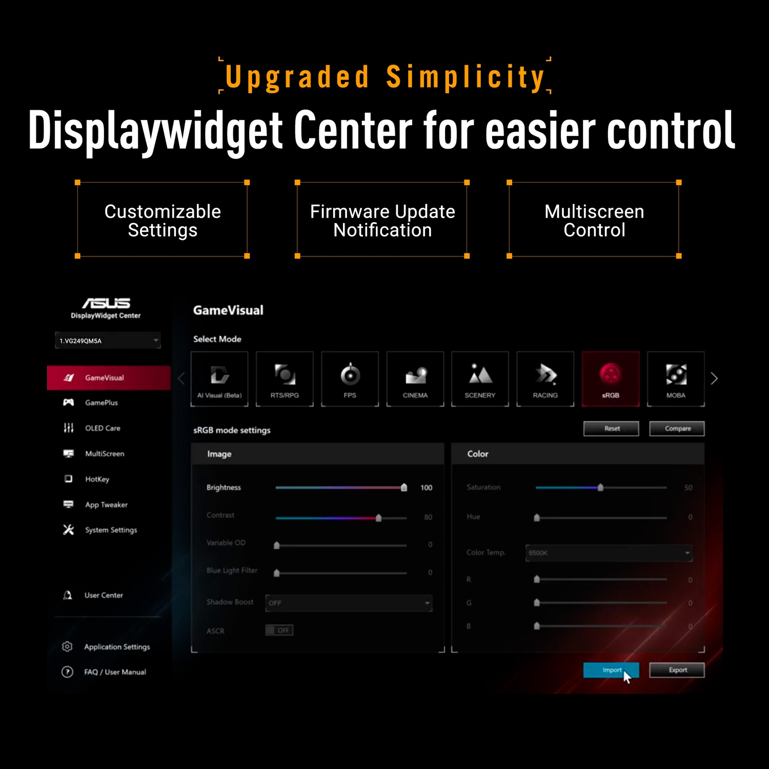 Interface ASUS DisplayWidget. Contrôles pour les paramètres, le firmware et le multi-écran. Options pour ajuster la luminosité, la couleur, etc.