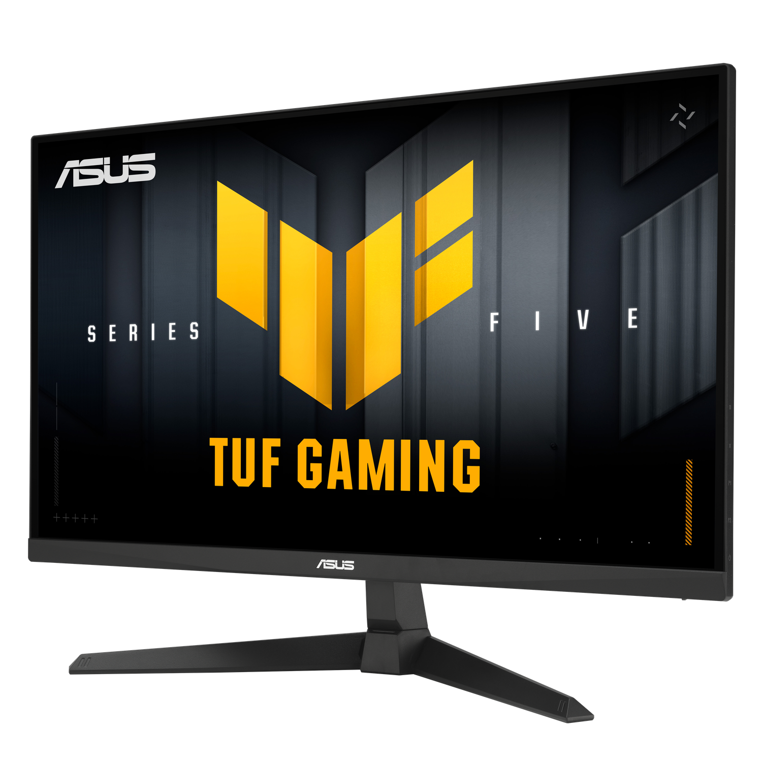 Écran ASUS TUF Gaming noir avec logo jaune et noir. L'écran affiche les mots 'TUF GAMING' et 'FIVE'.