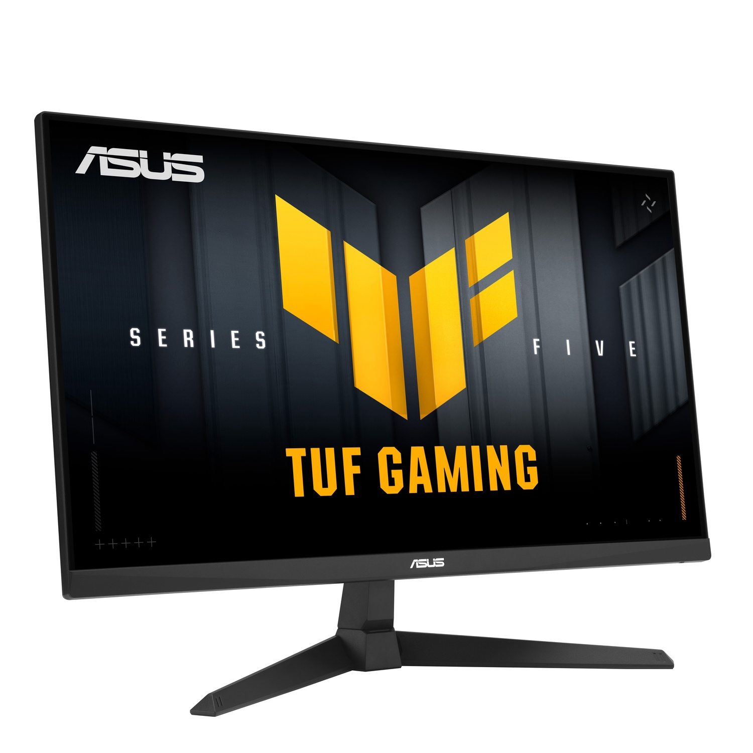 Écran ASUS TUF Gaming. Cadre noir, pied noir. Écran affiche logo jaune et 'TUF GAMING' en orange. Fond gris foncé.