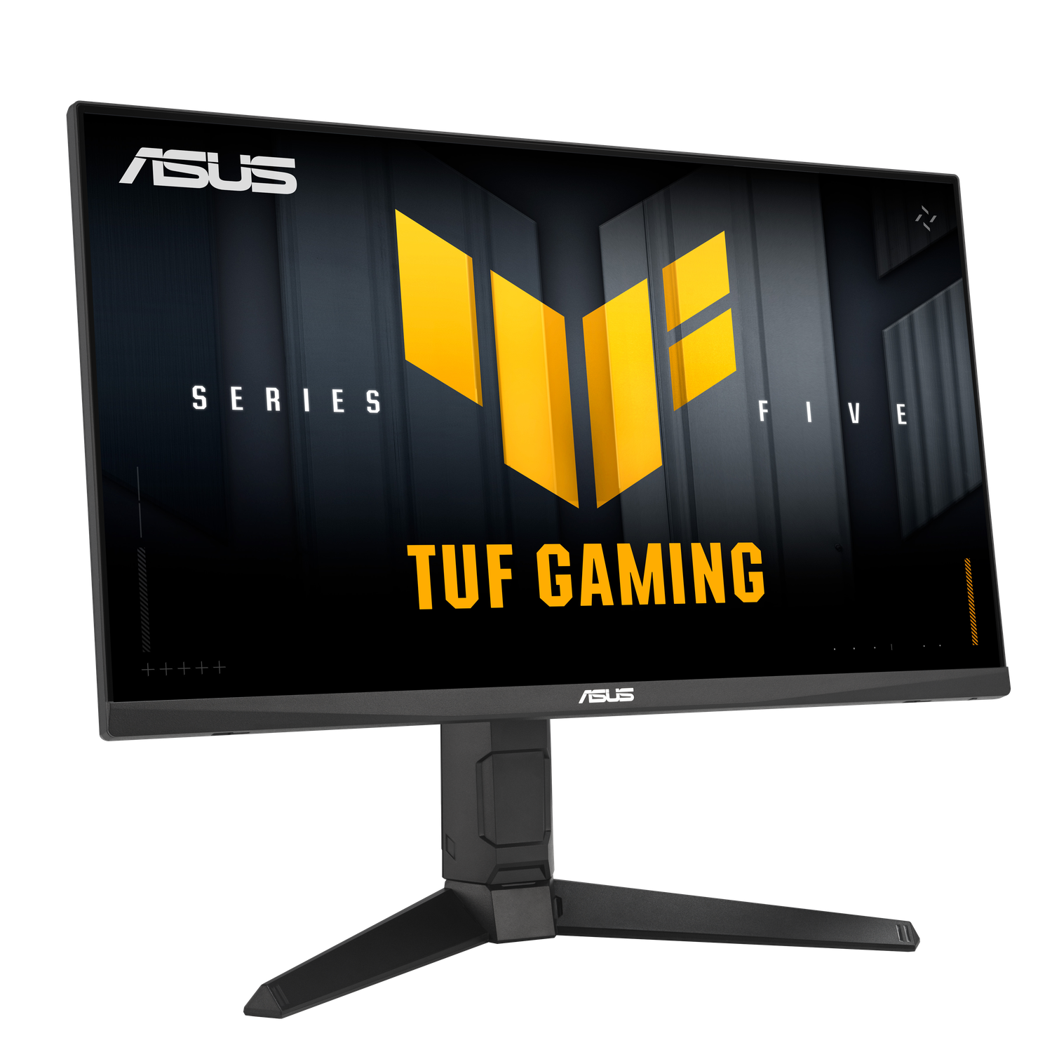 Écran ASUS TUF Gaming. Cadre noir, support noir, logo TUF jaune à l'écran. Textes Série et Five visibles.