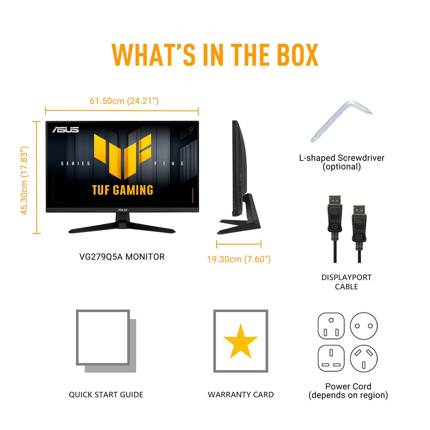 L'image montre le contenu de la boîte d'un moniteur ASUS VG279Q5A : moniteur, tournevis, câble displayport, guide rapide, carte de garantie, cordon d'alimentation.