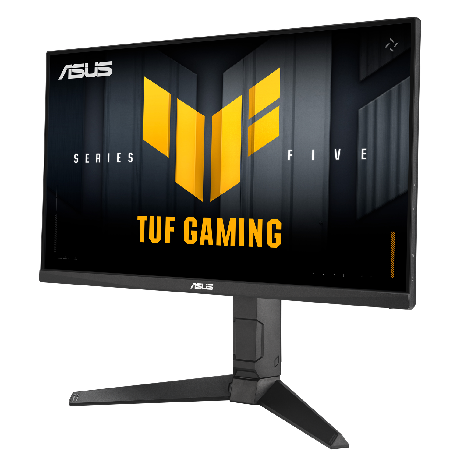 Moniteur ASUS TUF Gaming. Cadre noir, logo jaune. Texte Series et FIVE. Support noir.