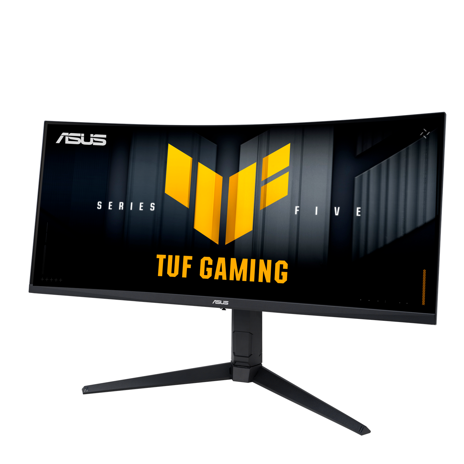 Gebogen ASUS TUF Gaming monitor. Zwart frame, geel logo en tekst op scherm. Zwarte standaard op zwarte achtergrond.