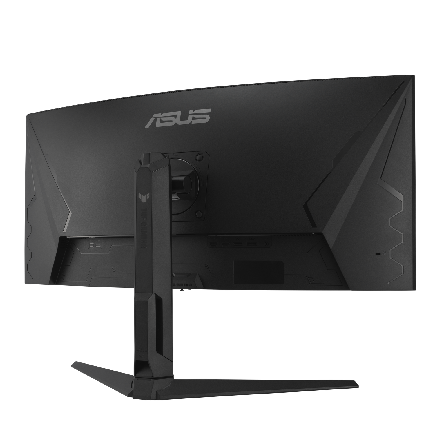 Achteraanzicht van een zwarte ASUS TUF gaming monitor. Het heeft een standaard, poorten en het ASUS-logo is zichtbaar.