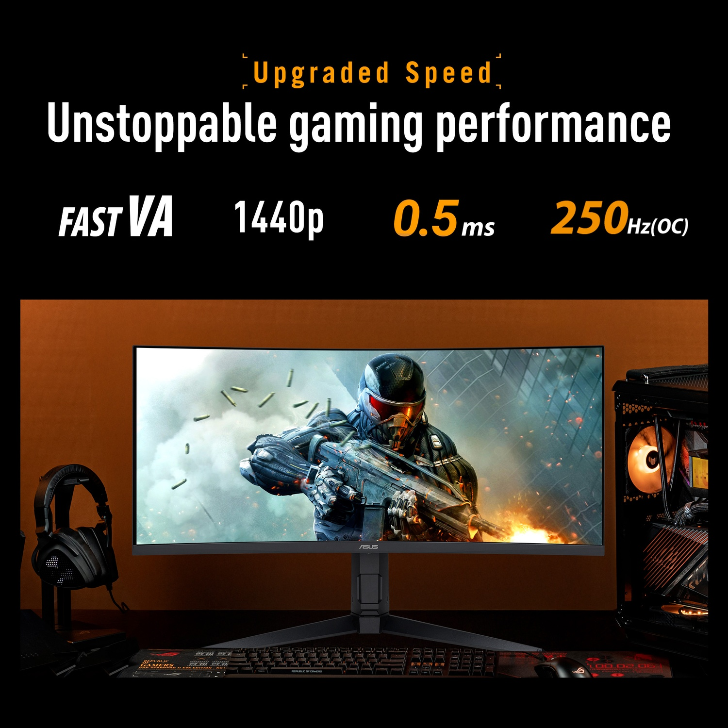 Een gebogen gamingmonitor toont een soldaat in actie. Specificaties zijn FAST VA, 1440p, 0,5 ms en 250 Hz. Toetsenbord en pc zijn zichtbaar.