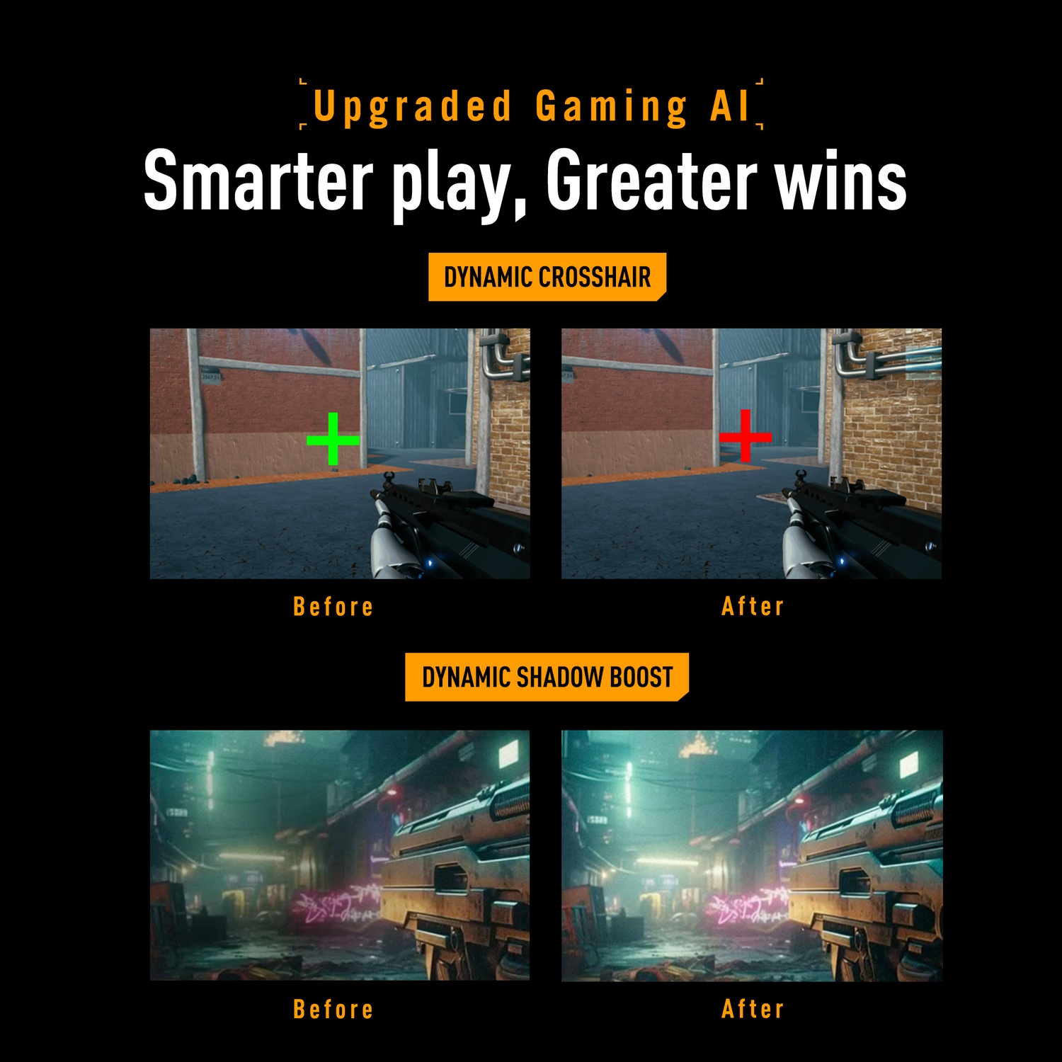 Gaming AI vergelijking: Voor/Na. Groen vizier verandert in rood. Schaduw boost verbetert graphics. Tekst: Slimmer spelen, grotere overwinningen.