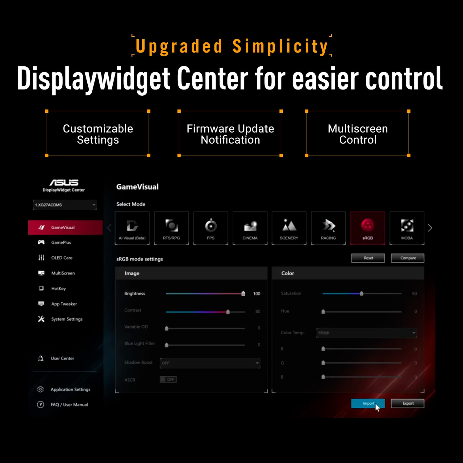 DisplayWidget Center interface. Opties zijn instellingen, firmware-updates en multi-screen bediening. Helderheid en contrast schuifregelaars zijn zichtbaar.