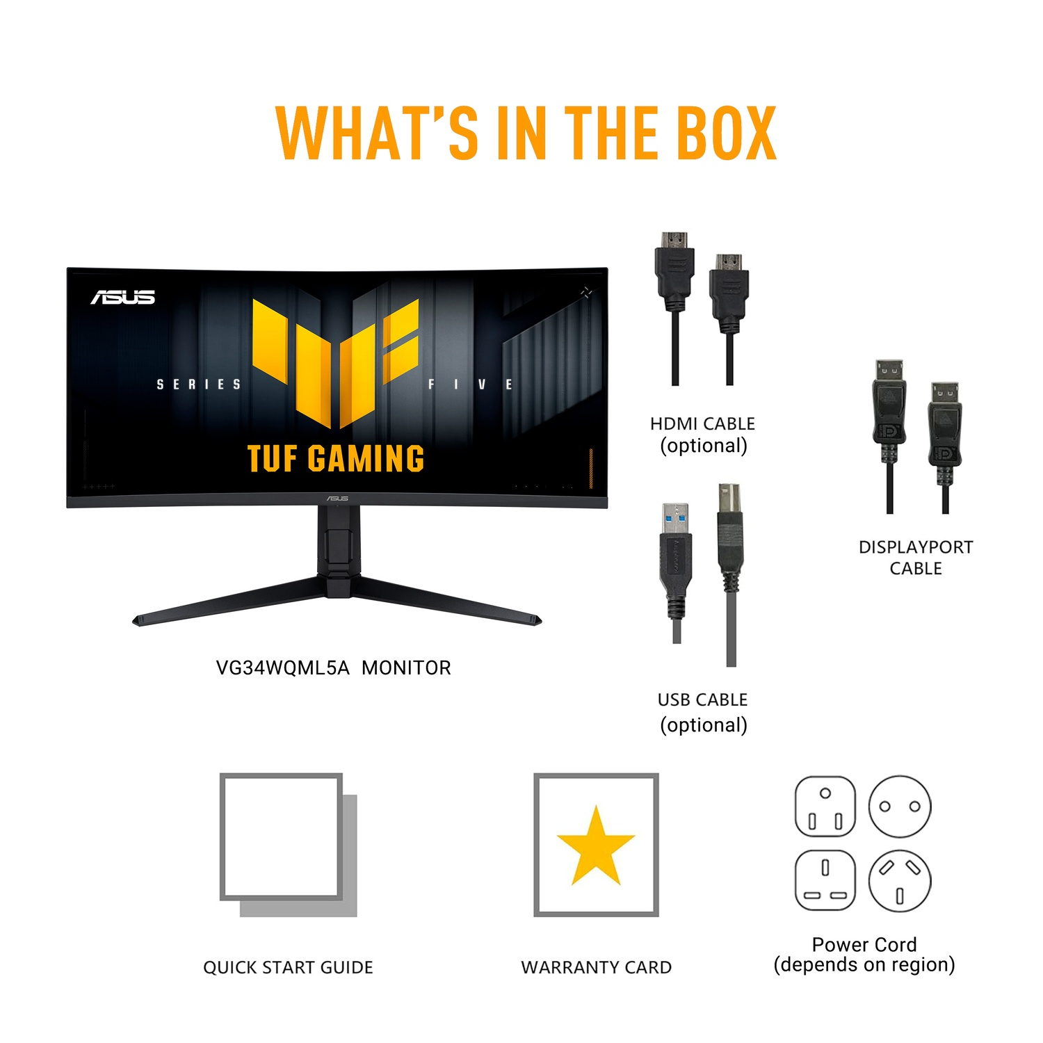 Afbeelding toont de inhoud van een ASUS-monitordoos: monitor, HDMI-kabel, DisplayPort-kabel, USB-kabel, snelstartgids, garantiekaart en netsnoer.