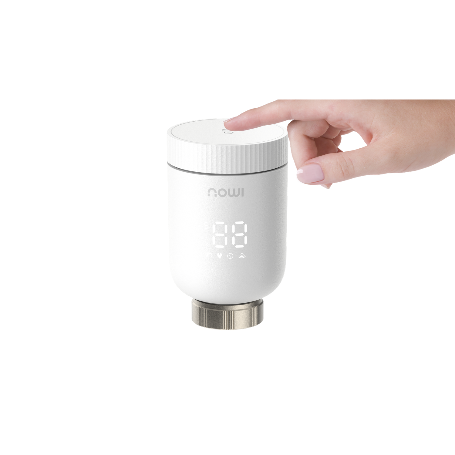 Een hand drukt op een knop op een wit, cilindrisch apparaat. Het apparaat toont '88' en heeft een metalen basis. De achtergrond is zwart.