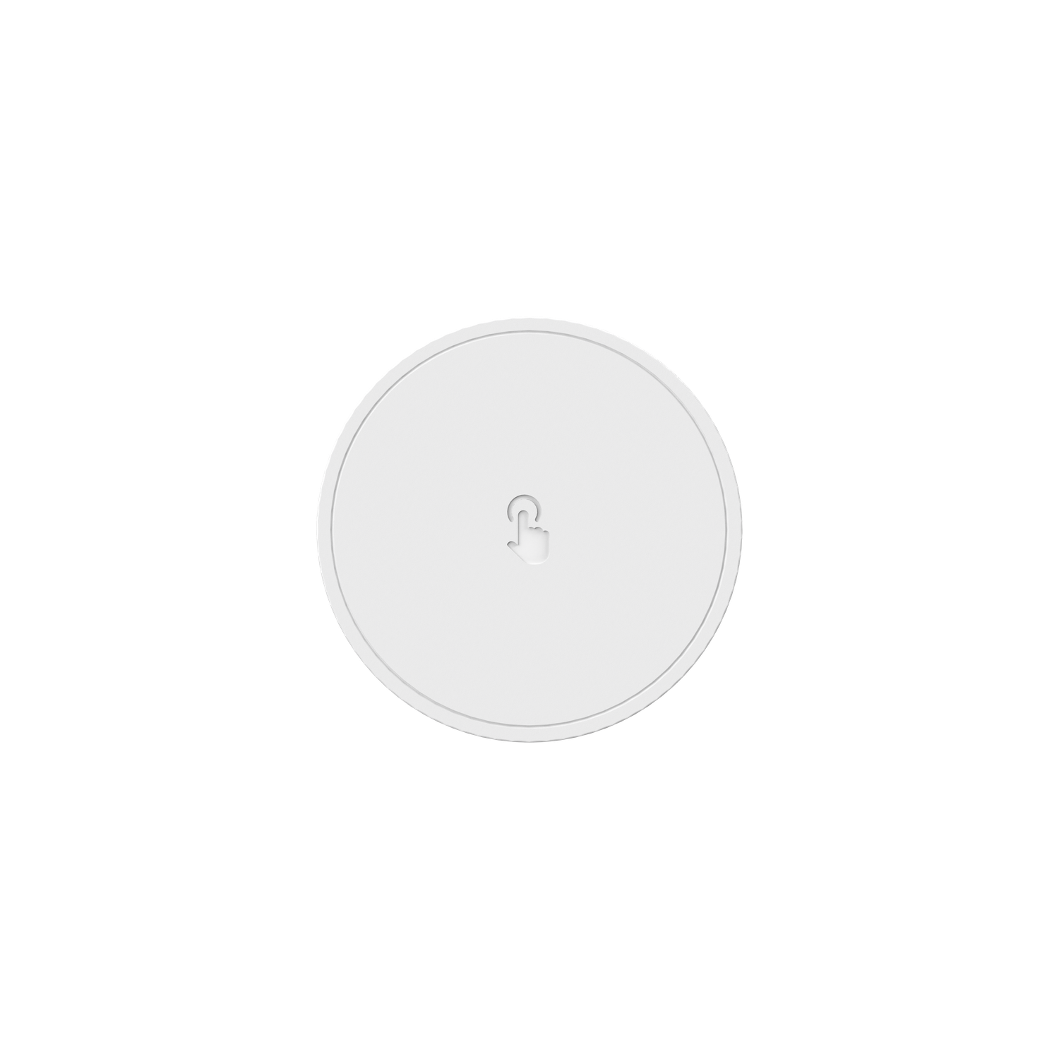 Een witte, ronde knop met een hand-icoon in het midden, tegen een zwarte achtergrond.