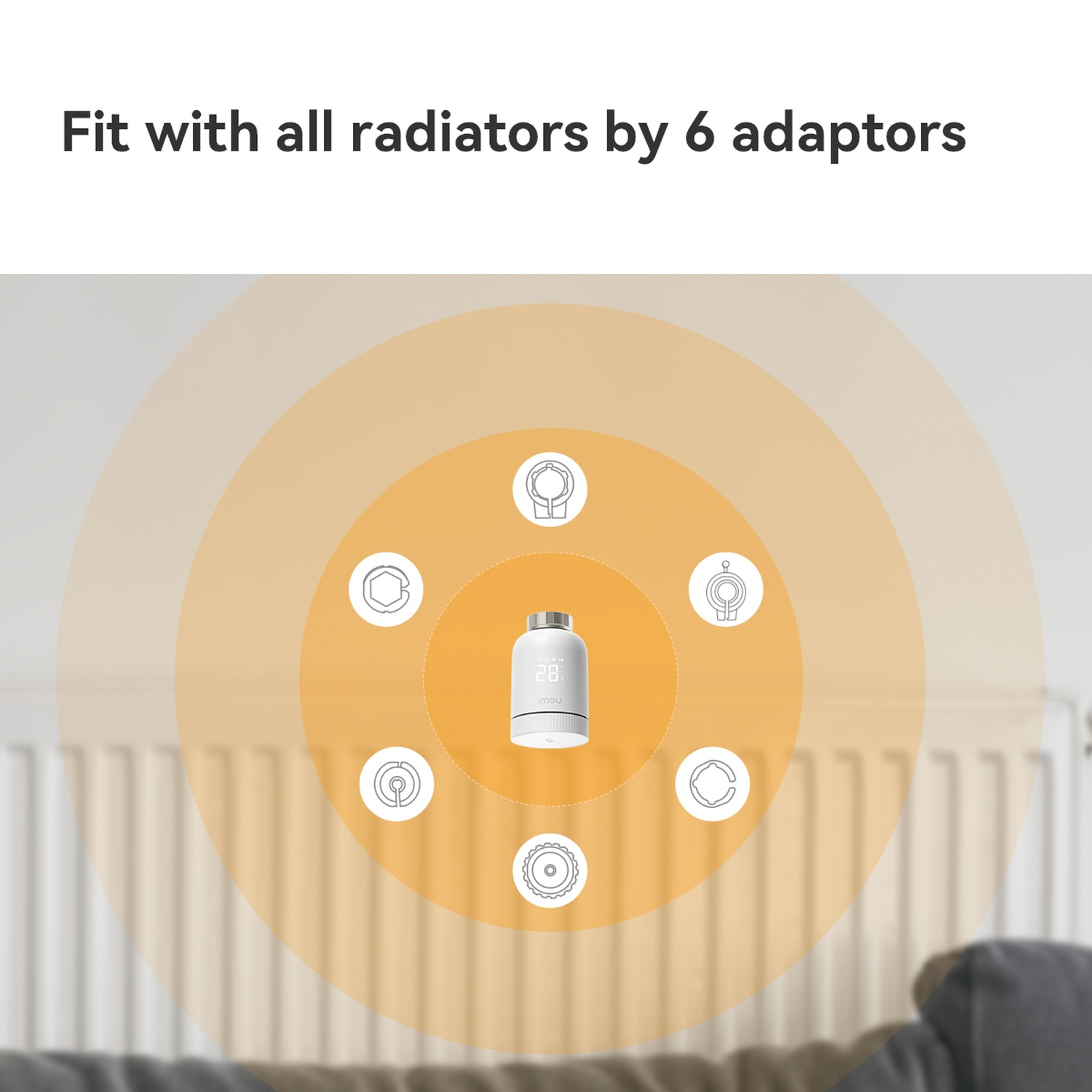 Witte thermostaat in het midden, omringd door zes adapters. De tekst boven de thermostaat luidt: Past op alle radiatoren met 6 adapters.