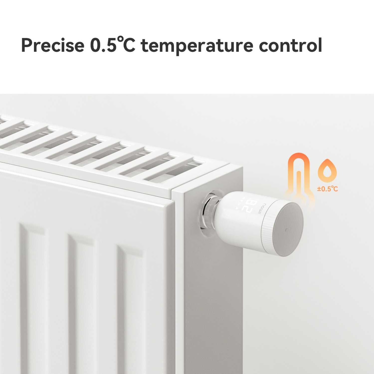 Witte radiator met een slimme thermostaat die 28 graden aangeeft. Grafiek voor precieze temperatuurregeling wordt getoond.
