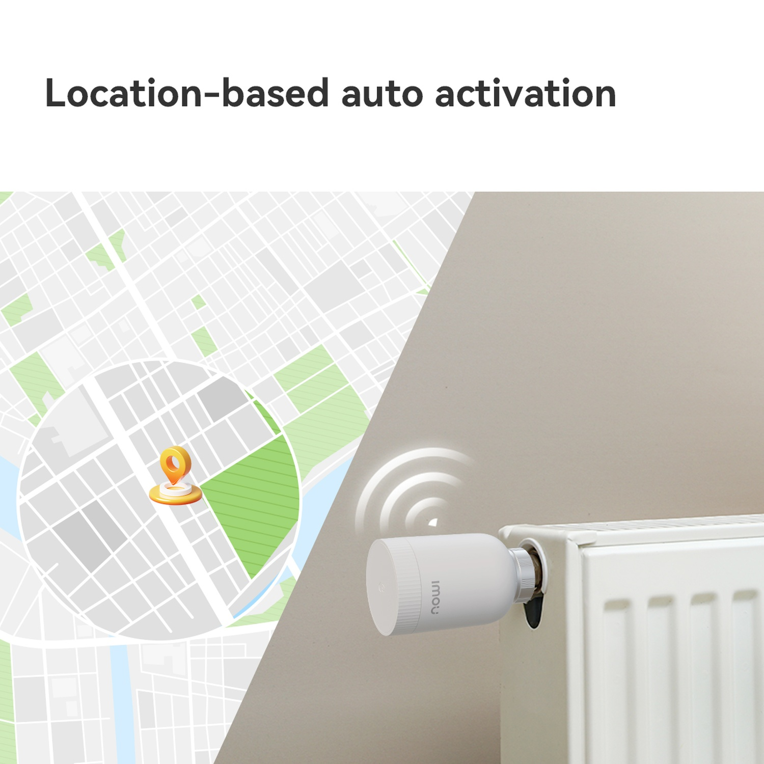 Afbeelding toont een locatiekaart met een speld, een radiator en een slimme thermostaat.