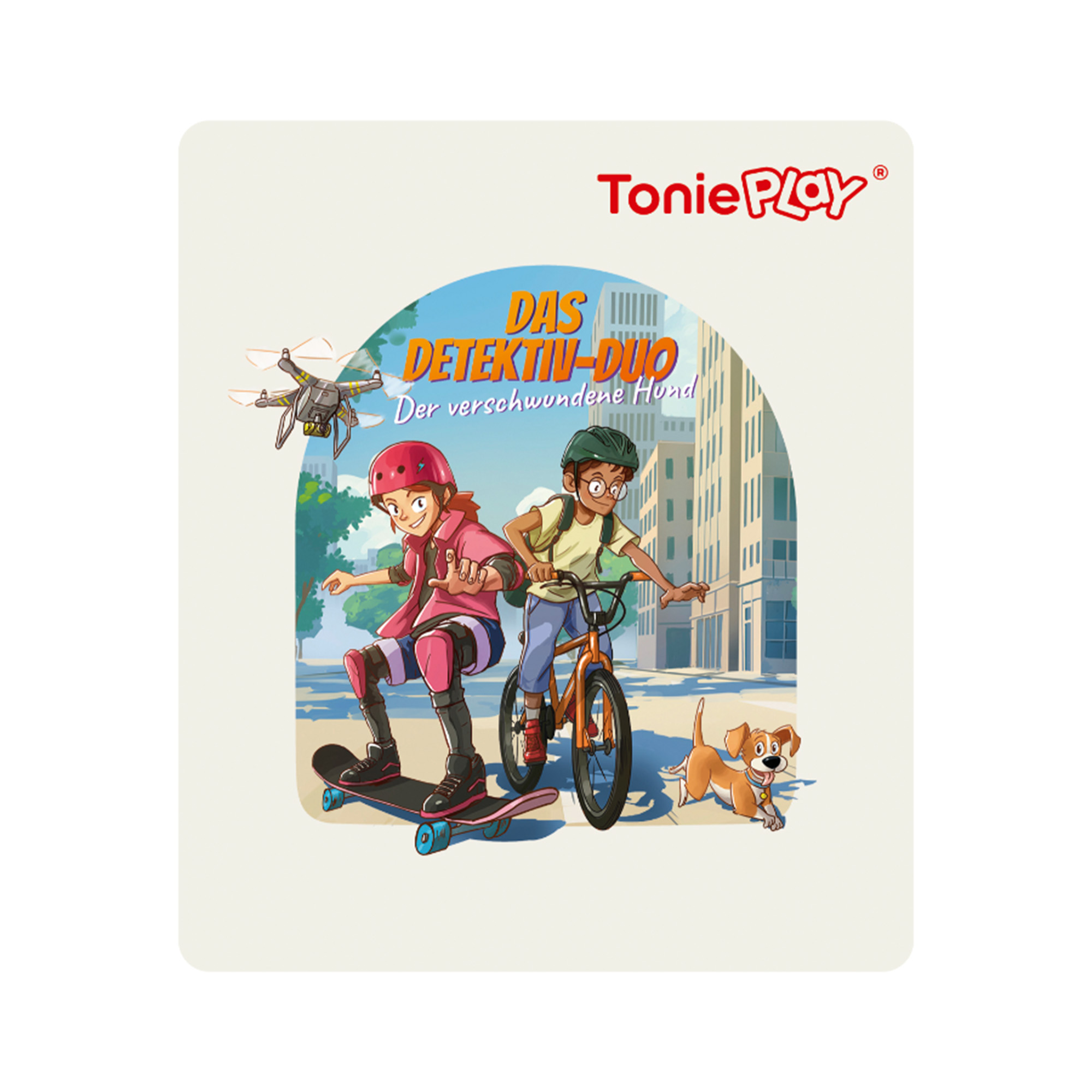Illustration von zwei Kindern, einem auf einem Skateboard und einem auf einem Fahrrad, einem Hund und einer Drohne. Text: Das Detektiv-Duo.