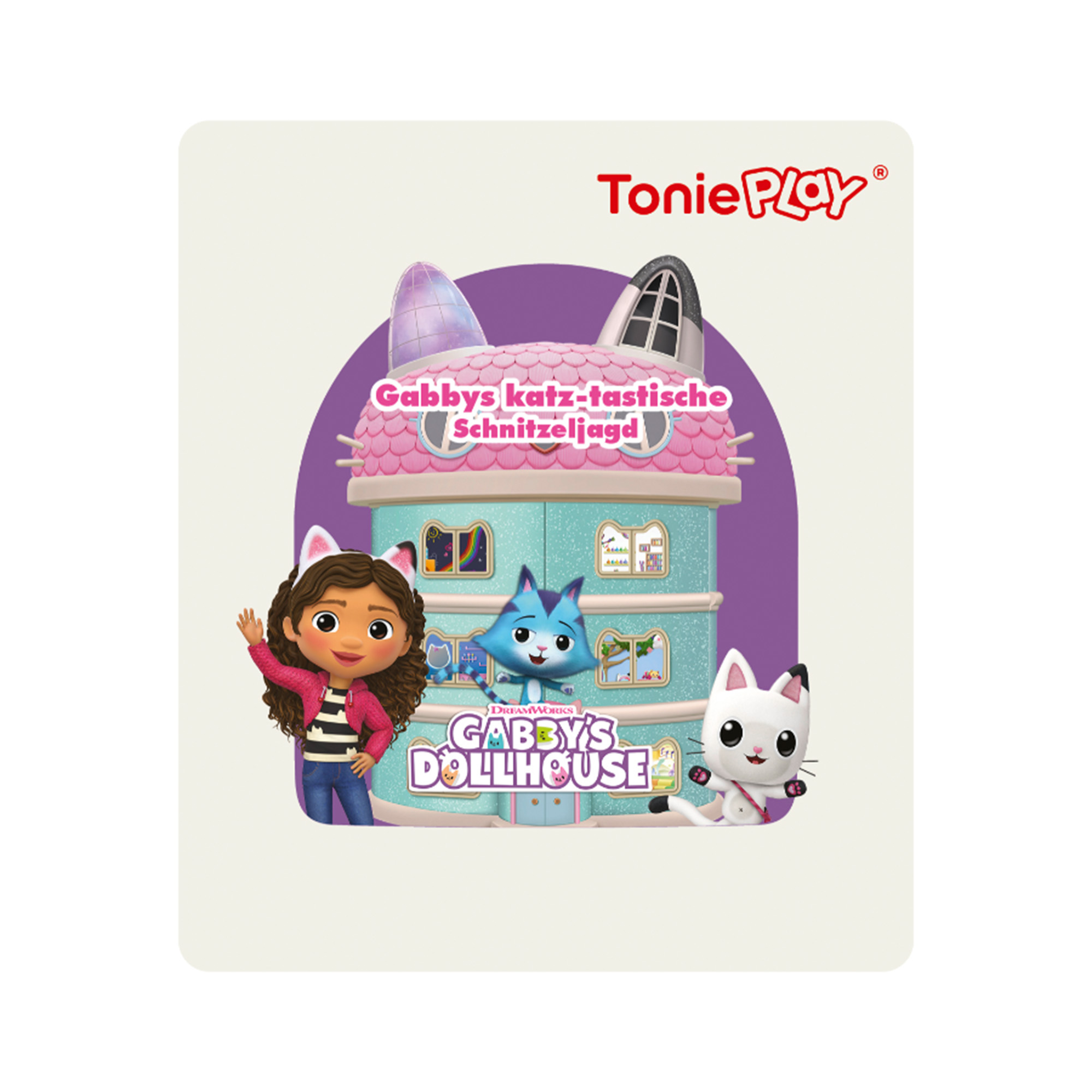 Gabby's Puppenhaus-Spielzeug mit Gabby, Katzenfiguren und einem Gebäude. Das Tonieplay-Logo befindet sich oben rechts.