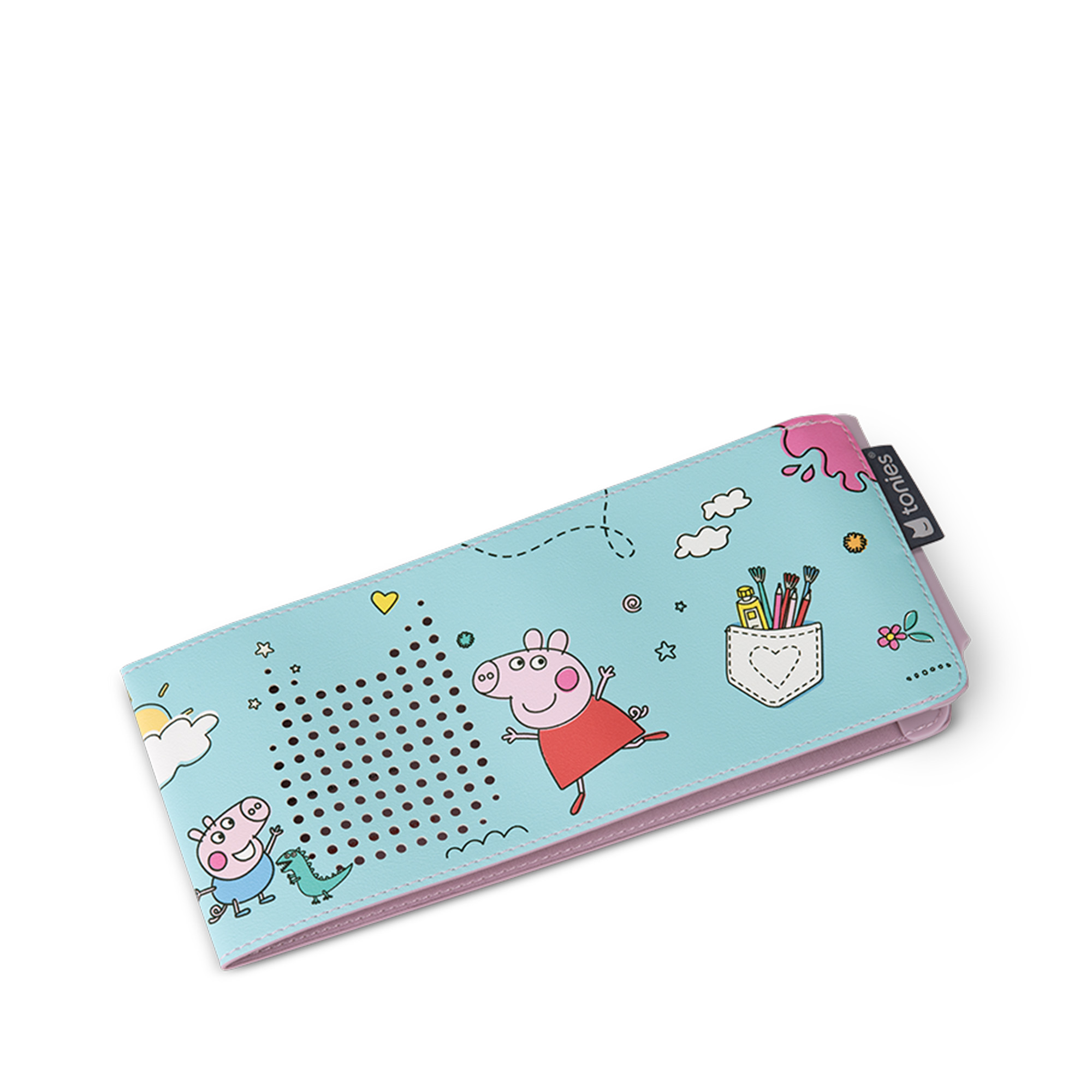 Ein hellblaues Federmäppchen mit Peppa Wutz-Figuren. Es hat eine rosa Umrandung und eine Tasche mit Stiften und Pinseln.