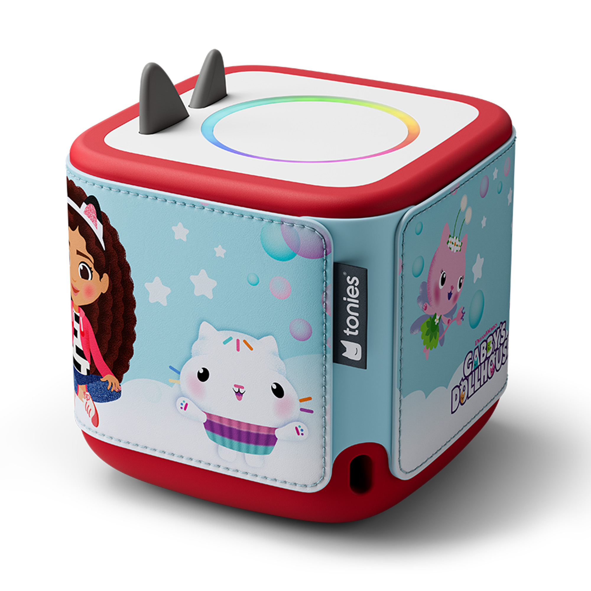 Eine rot-blaue Gabby's Dollhouse Toniebox. Sie zeigt Gabby und Catnip. Die Oberseite hat ein Regenbogenlicht und zwei schwarze Katzenohren.