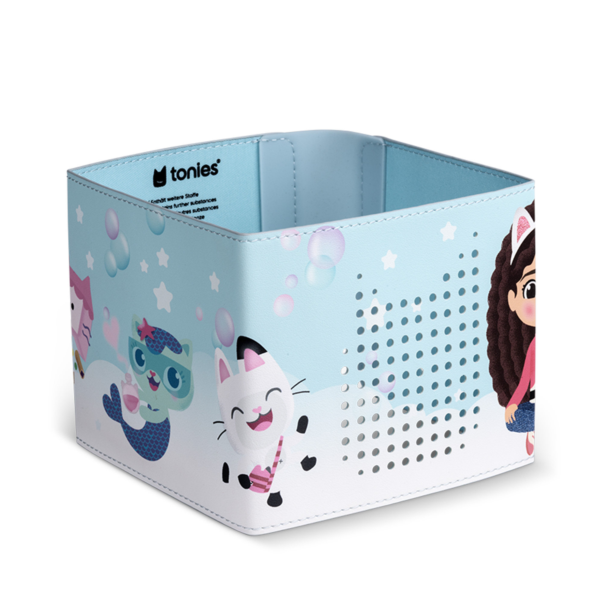 Eine hellblaue Box mit Zeichentrickfiguren. Es hat Gabby Girl- und Katzenillustrationen. Die Box ist offen und hat ein Tonies-Logo.