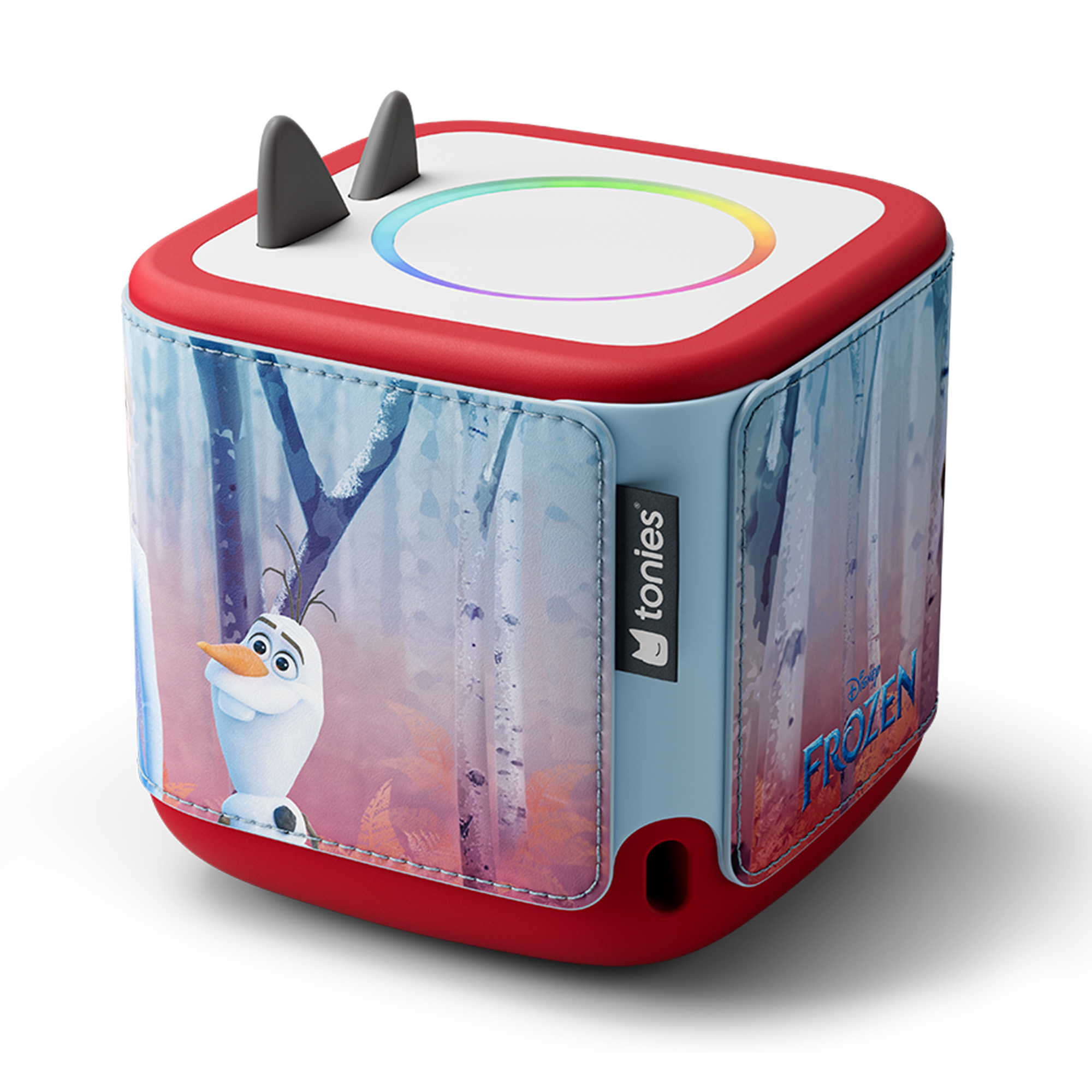 Eine rote, blaue und weiße Toniebox mit Olaf aus Frozen. Sie hat eine rote Basis, blaue Seiten und eine weiße Oberseite mit schwarzen Ohren.
