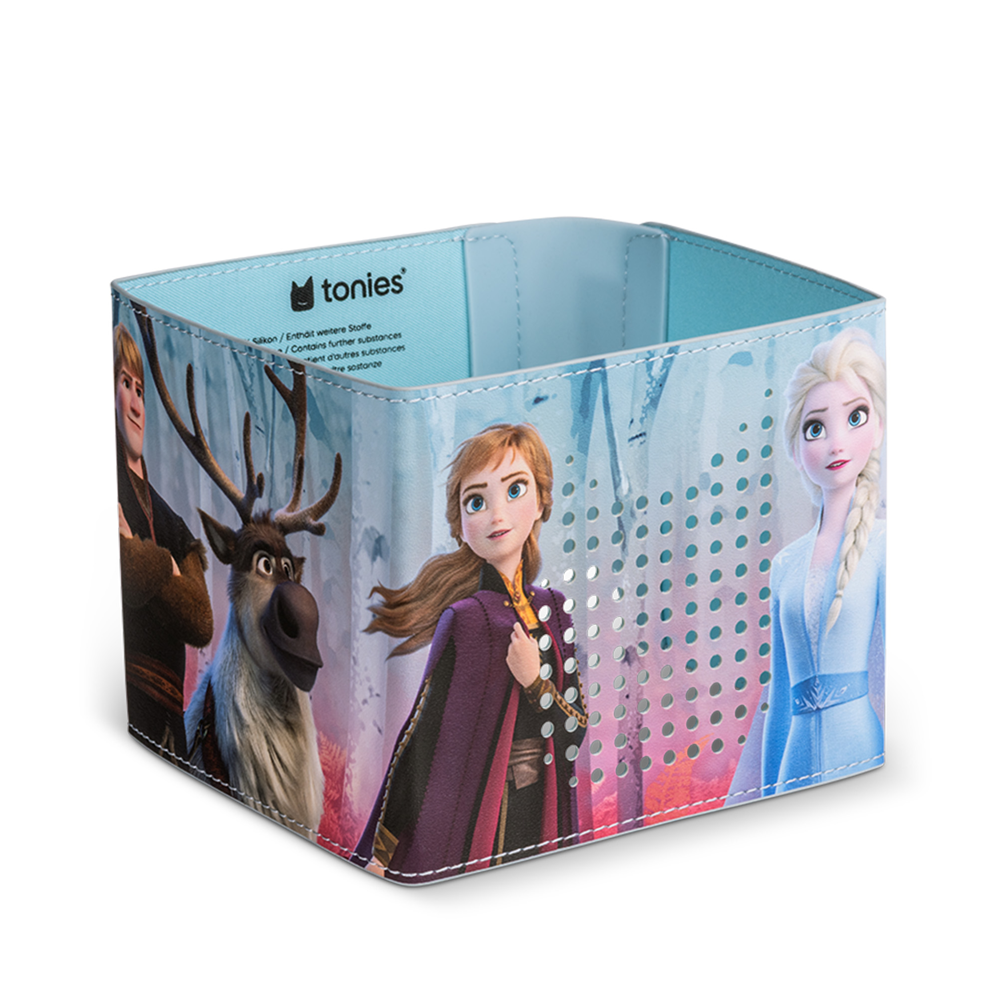 Eine rechteckige Box mit Bildern von Frozen-Charakteren. Anna, Elsa, Kristoff und Sven sind auf der Box abgebildet.