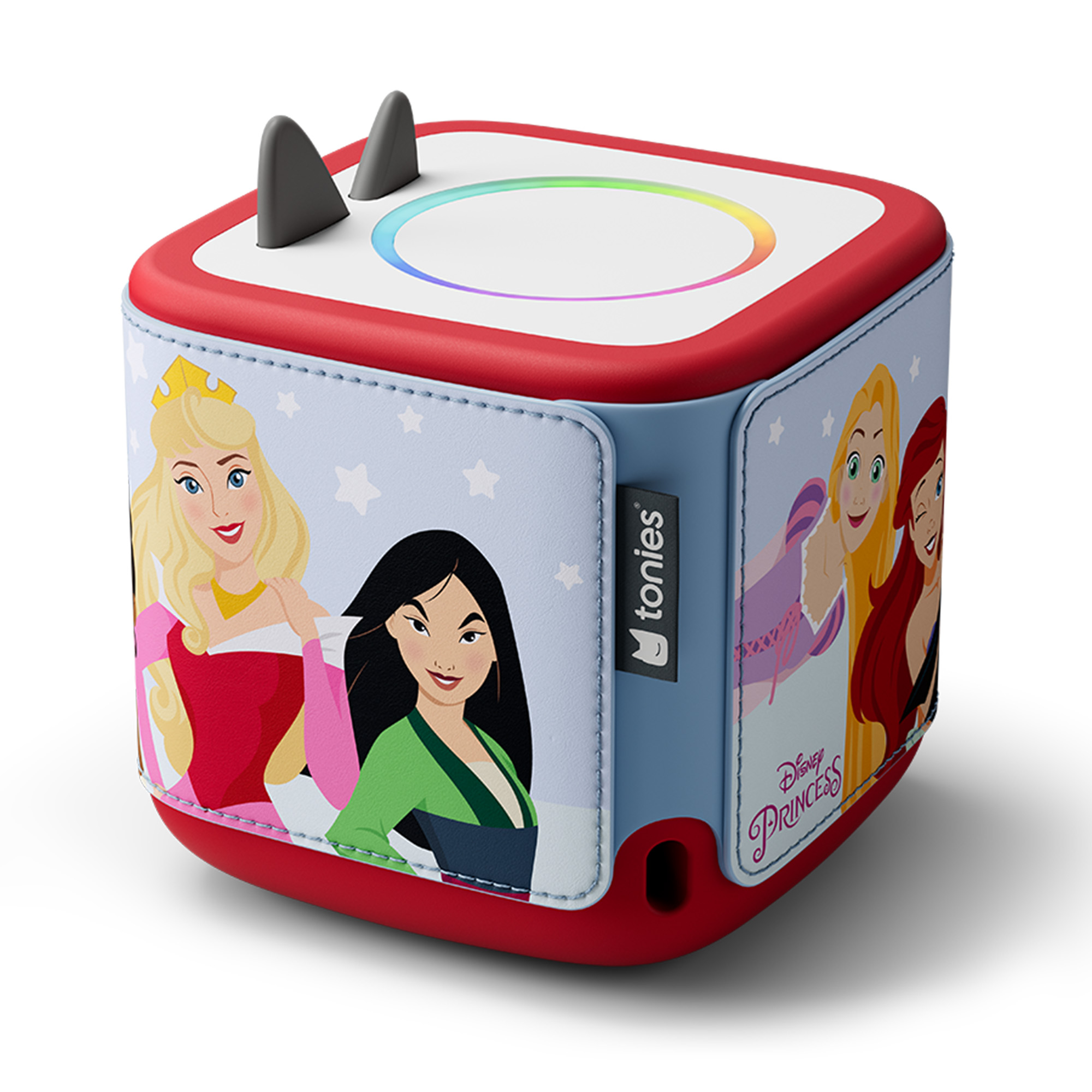 Ein roter und blauer Würfel-Lautsprecher mit Disney-Prinzessinnen an der Seite. Er hat eine weiße Oberseite mit einem leuchtenden Ring und zwei grauen Hörnern.