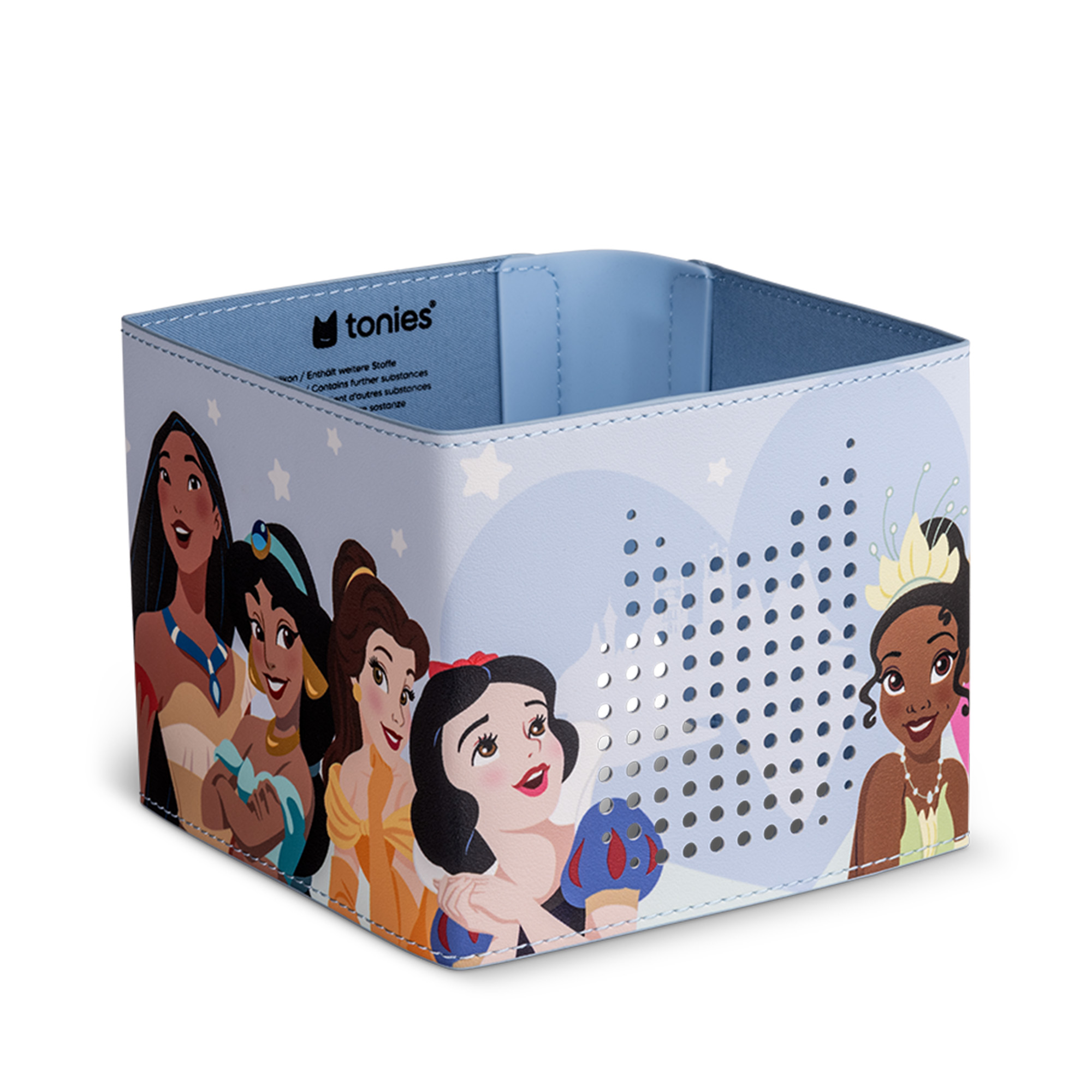 Eine Box mit Disney-Prinzessinnen. Pocahontas, Jasmin, Belle, Schneewittchen und Tiana sind darauf. Die Innenseite ist hellblau.