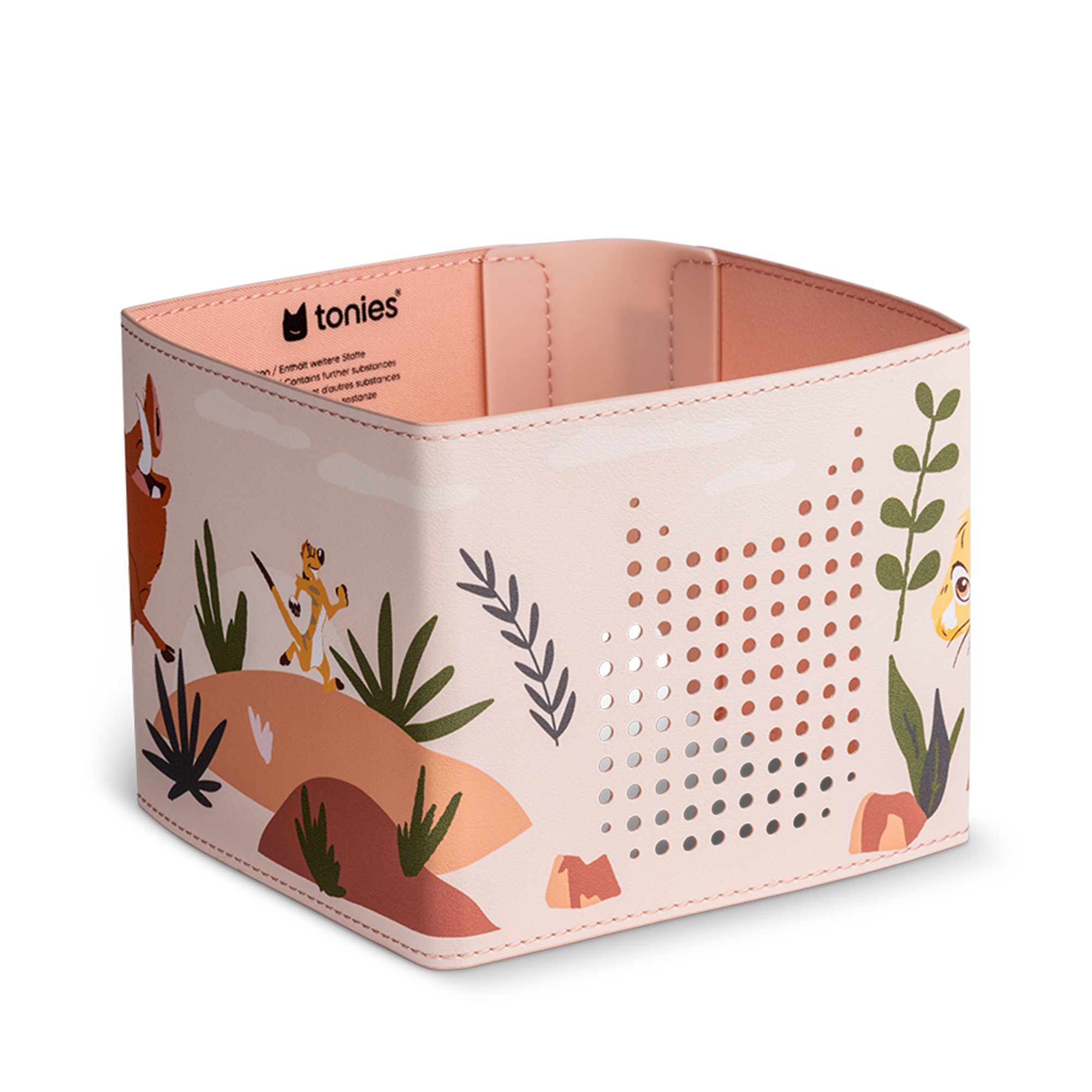Eine quadratische, rosa Aufbewahrungsbox mit Tierillustrationen. Die Box hat eine perforierte Seite und eine rosa Innenseite.