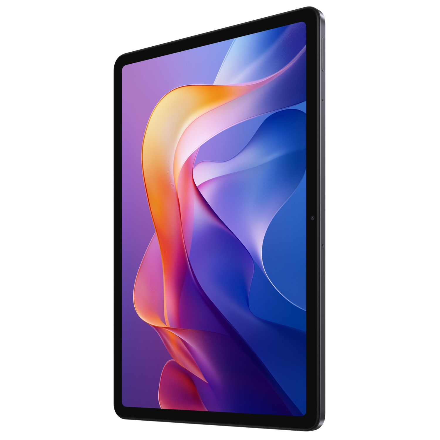 Een zwarte tablet met een kleurrijk abstract display. Het scherm toont oranje, paarse en blauwe vloeiende vormen tegen een donkere achtergrond.