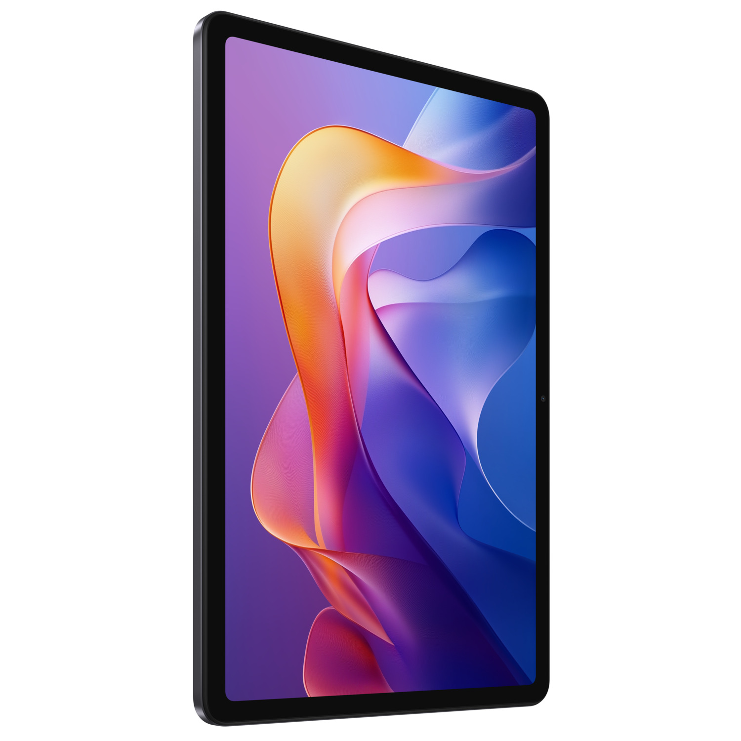 Een tablet met een zwart frame, het scherm toont abstracte wervelingen van oranje, paars en blauw tegen een witte achtergrond.
