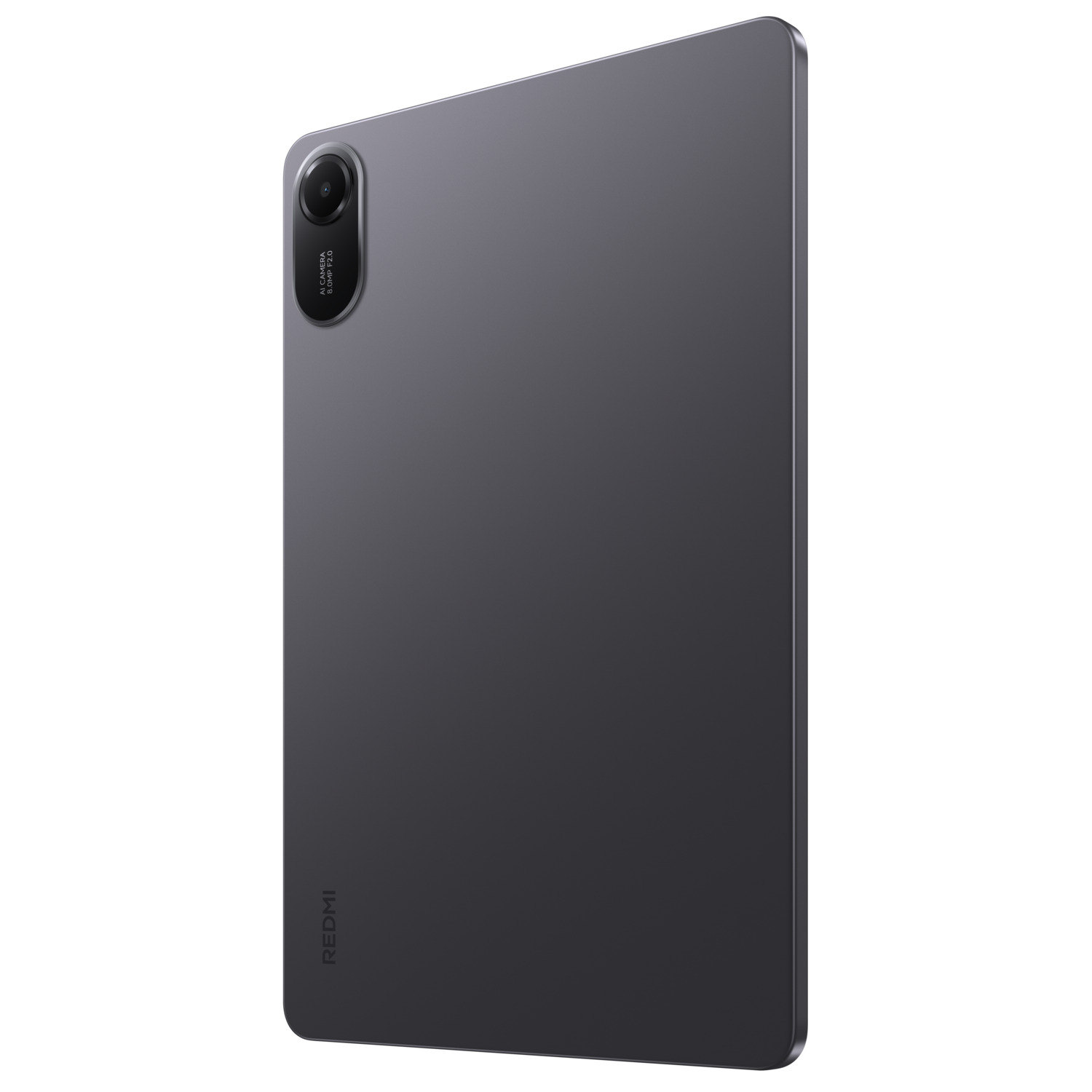 Grijze tabletachterkant met camera, Redmi-logo en glanzend frame, geïsoleerd op witte achtergrond.