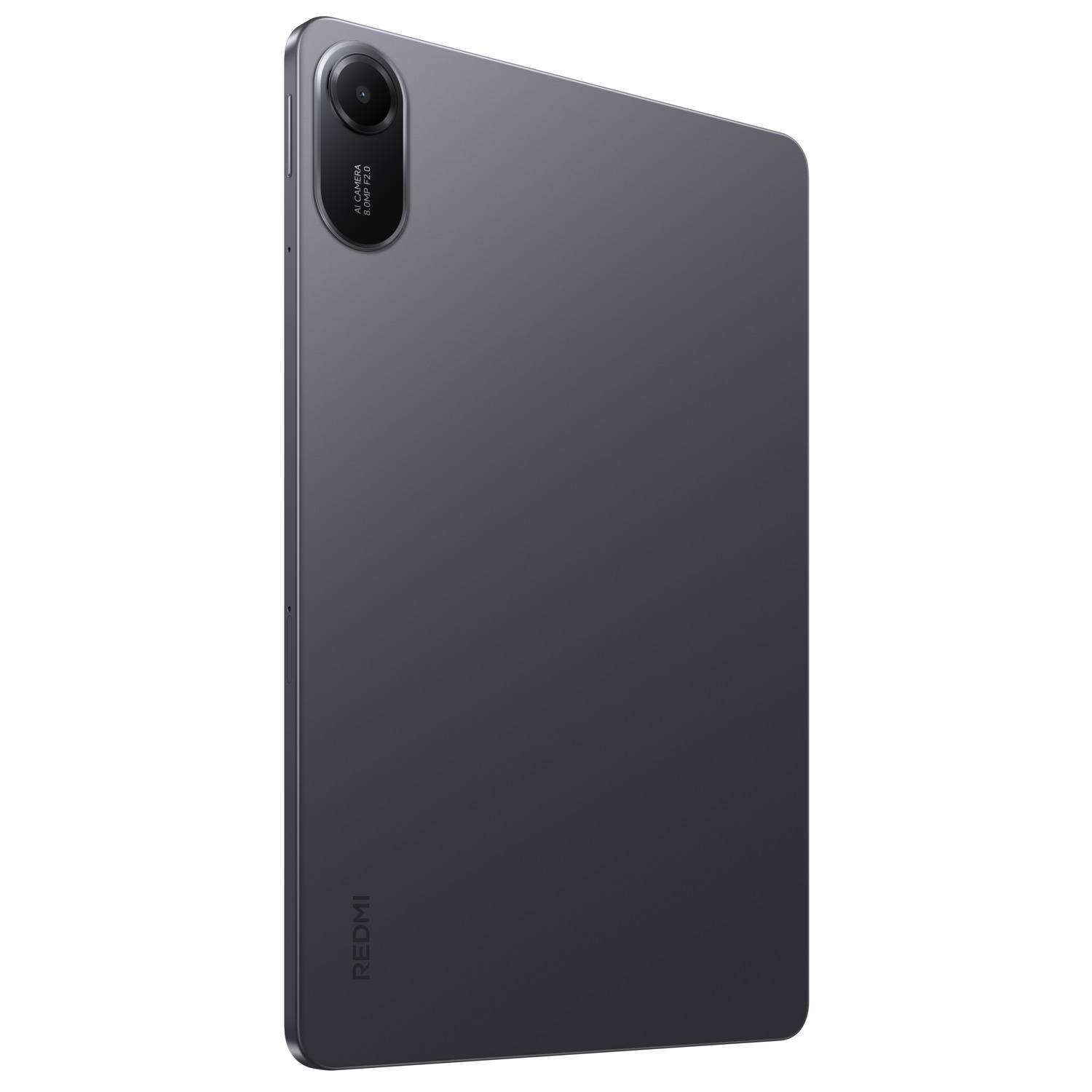 Een grijze tablet met een camera aan de achterkant. Het woord 'REDMI' staat verticaal afgedrukt. De achtergrond is wit.