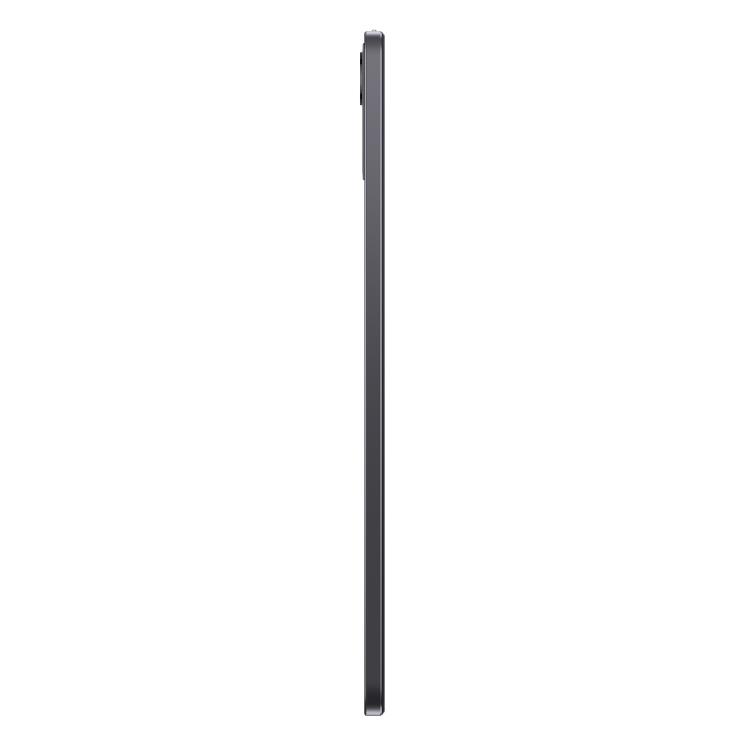 Een slanke, donkergrijze tablet wordt in profiel getoond tegen een witte achtergrond. De tablet is rechthoekig met afgeronde hoeken.