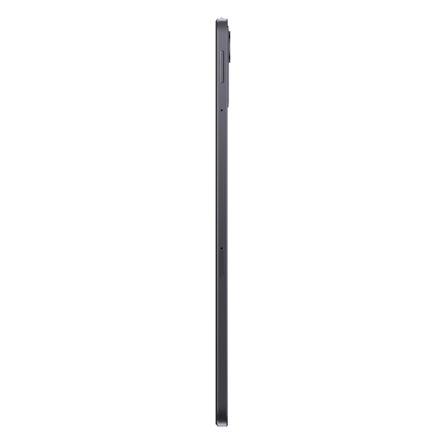 Een slanke, donkergrijze tablet wordt in profiel getoond. De zijkant heeft knoppen en een klein gaatje, tegen een witte achtergrond.