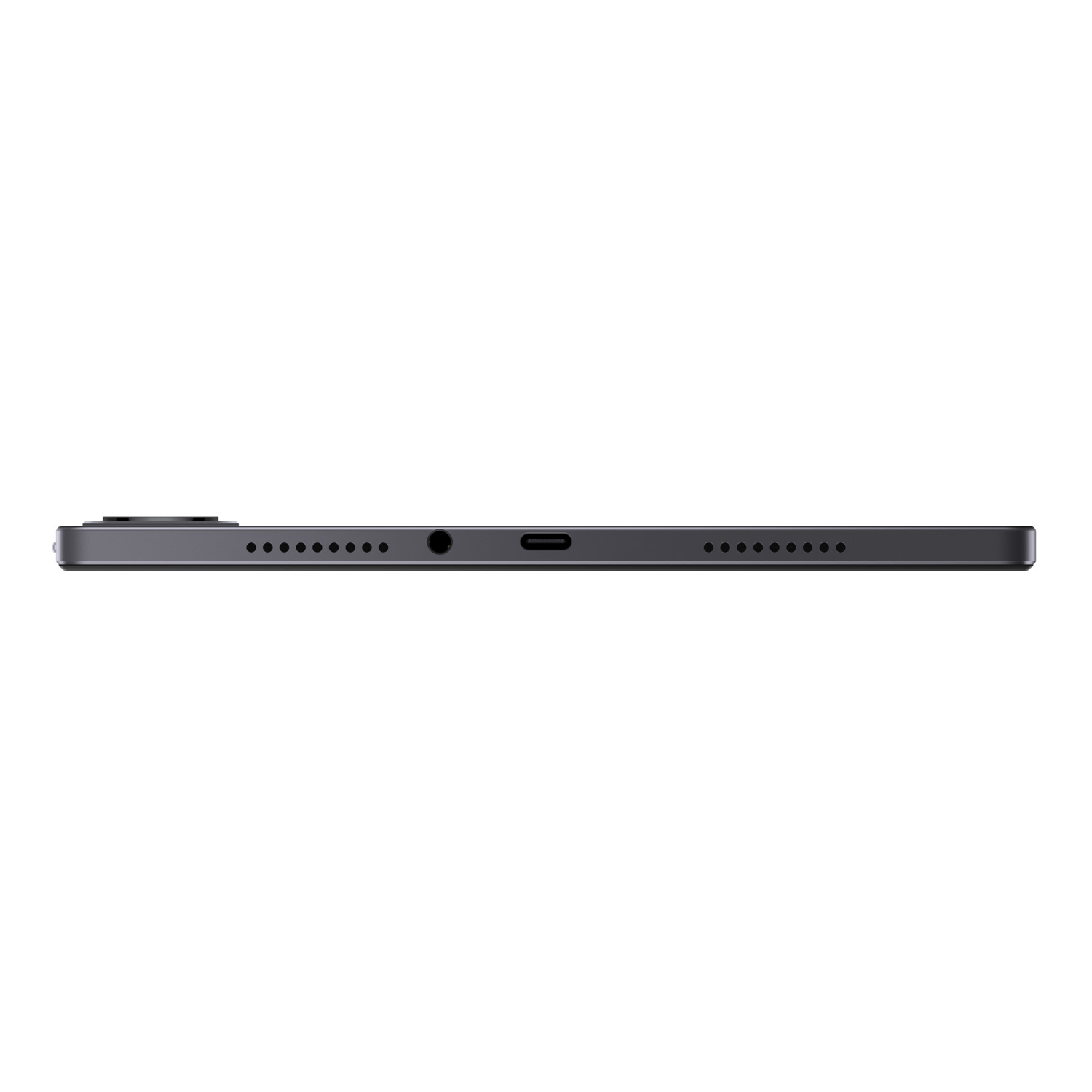 Een donkergrijze tablet, van opzij bekeken. Zichtbare kenmerken zijn een camera, knoppen, een koptelefoonaansluiting en een USB-C-poort.