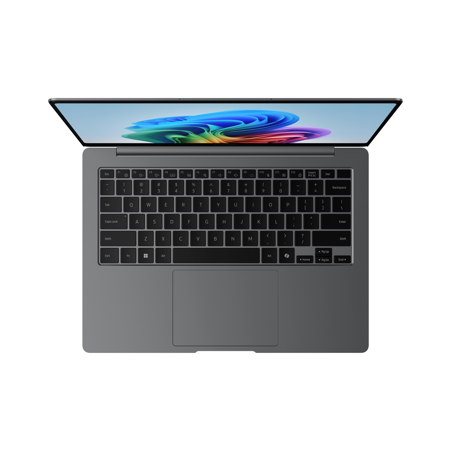 Top-down view of a gray laptop with an open screen. The keyboard is visible, and the screen displays a colorful background.