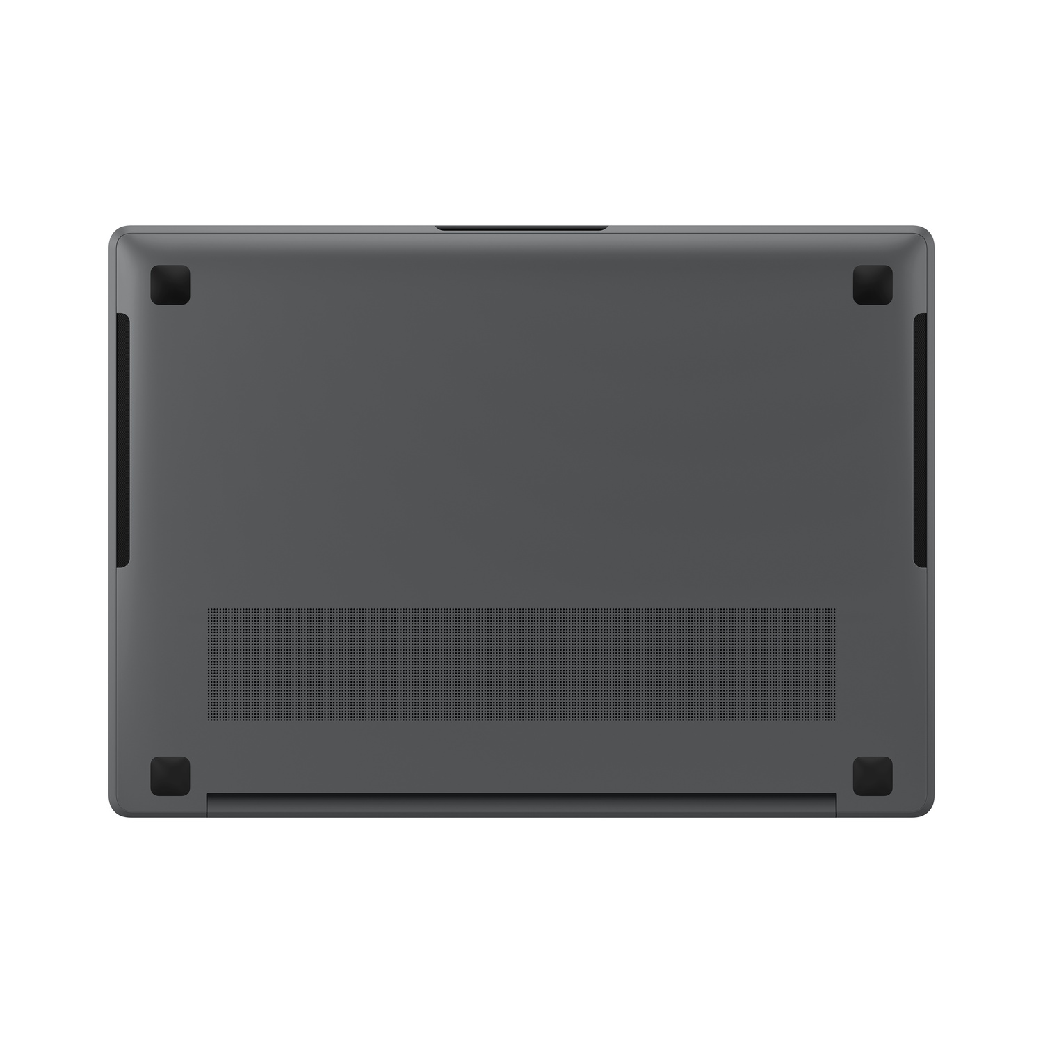 Bottom view of a gray laptop. Four black rubber feet are visible. The base has ventilation holes. The background is white.