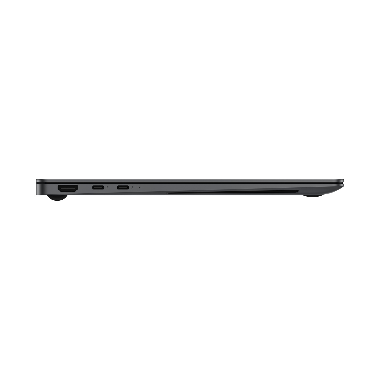 Side view of a closed, dark grey laptop. Visible ports include HDMI, USB-C, and a charging port. The background is white.