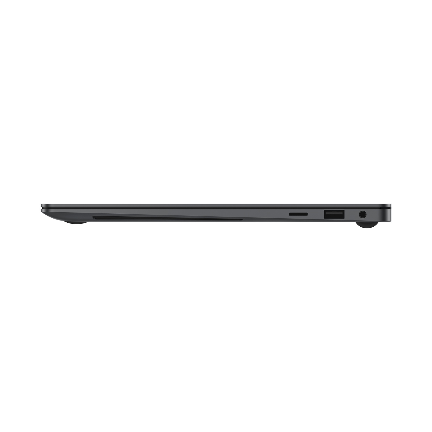 Zijaanzicht van een donkergrijze laptop. Zichtbare poorten zijn onder meer een kaartlezer, USB-poort en een koptelefoonaansluiting.